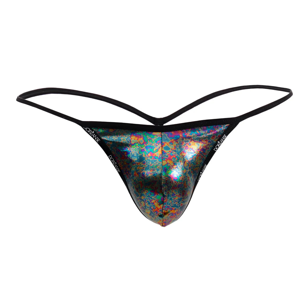 Doreanse 1326-MIC flashy g-string thong with shimmering holographic iridescent pattern and black elastic straps