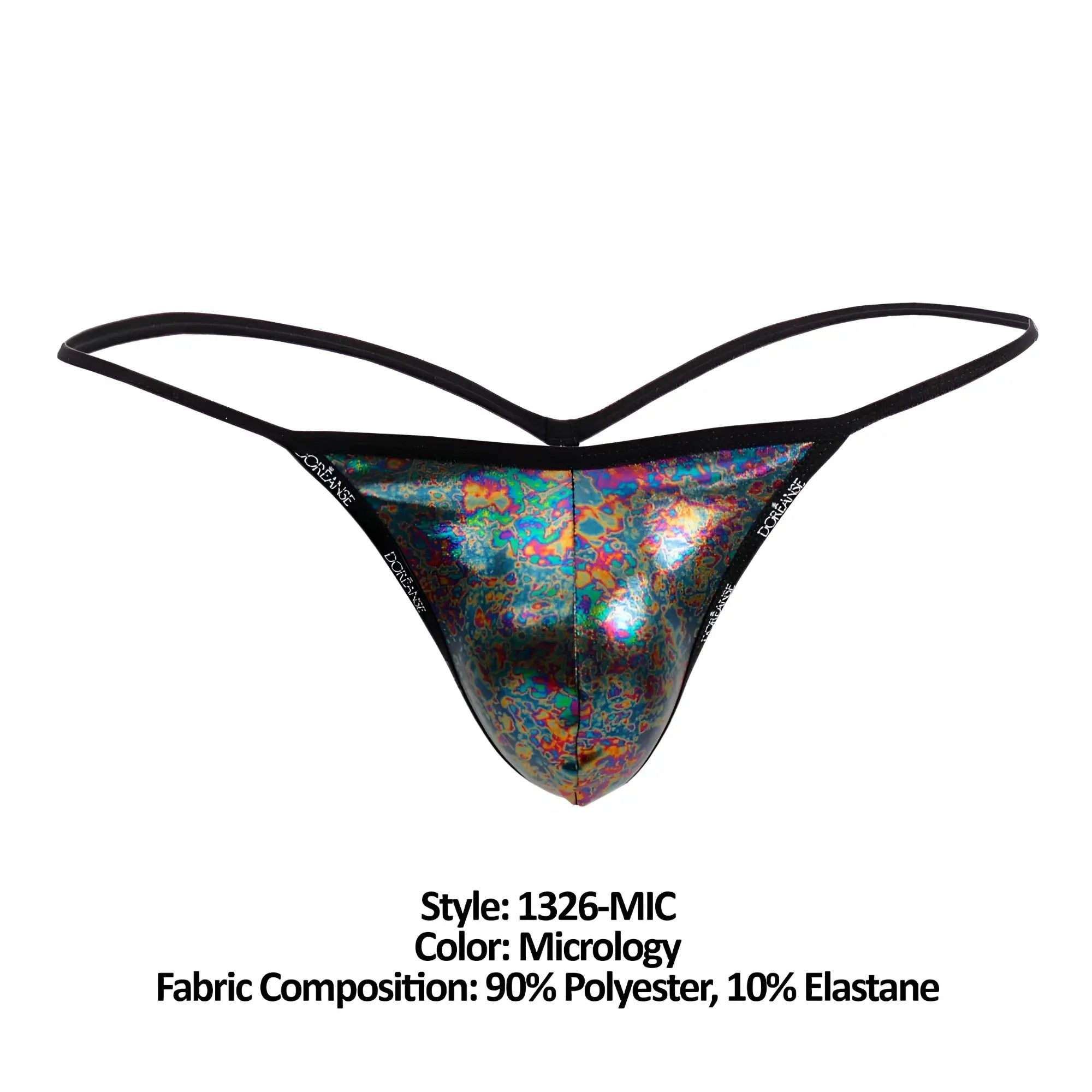A shimmering iridescent micrology-patterned thong with black elastic straps from doreanse 1326-mic flashy g-string color micrology