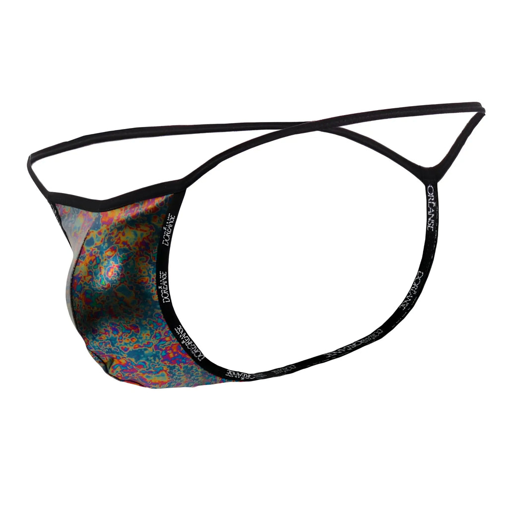 Vibrant iridescent rainbow patterned g string thong with black elastic bands and doriane branding doreanse 1326 micrology