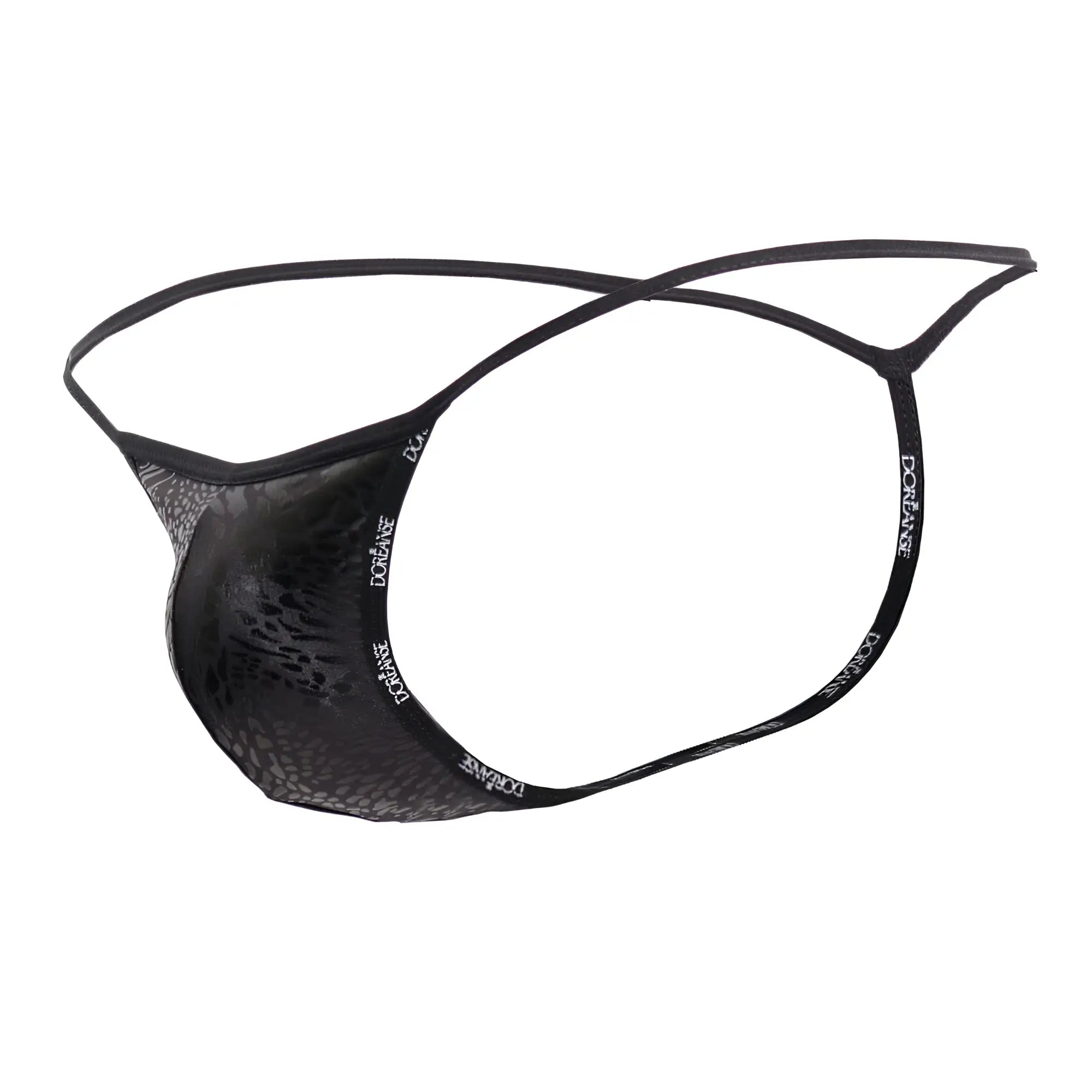Black lace thong with subtle pattern and dongane branded elastic bands from doreanse 1326-pan flashy g-string in black panther
