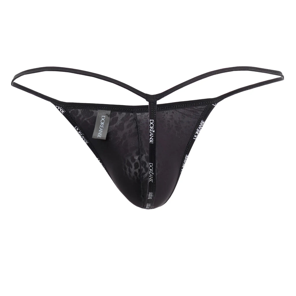 Black leopard-print thong with thin adjustable straps and branded tag in black panther color by Doreanse