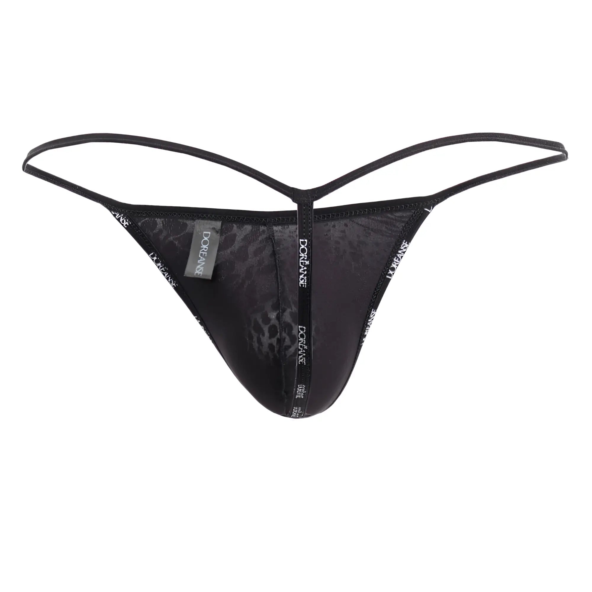Black leopard-print thong with thin adjustable straps and branded tag in black panther color by Doreanse