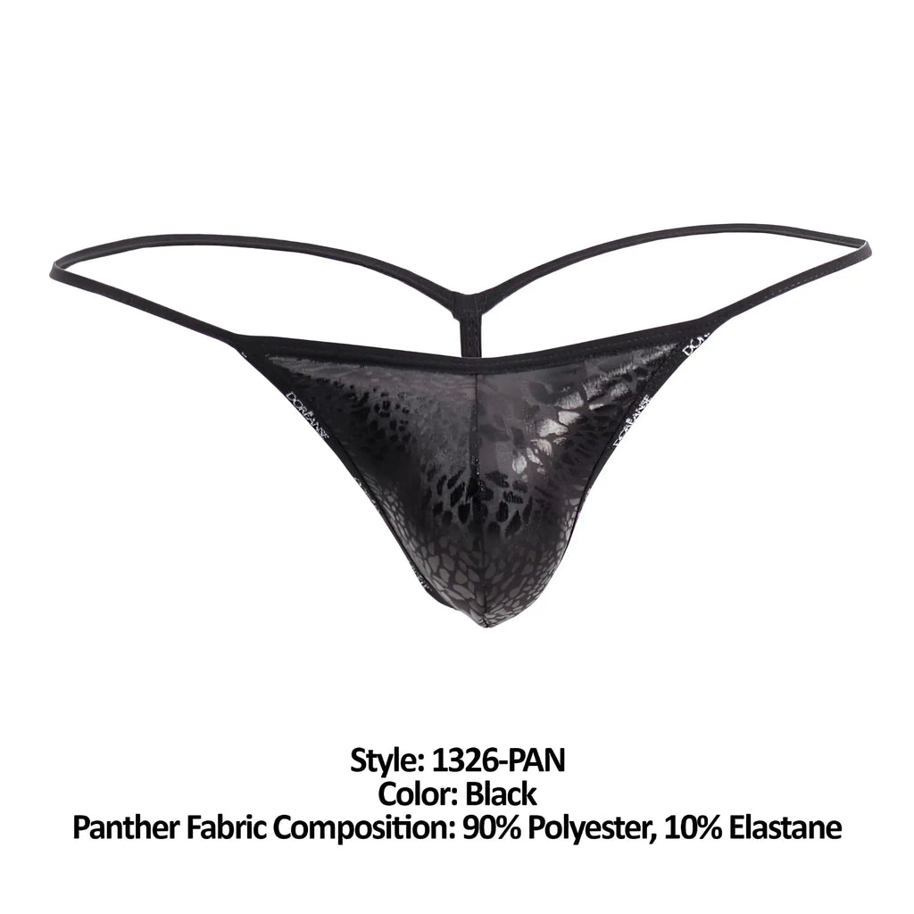 Black thong g-string with glossy panther print and thin supportive straps by doreanse in black color
