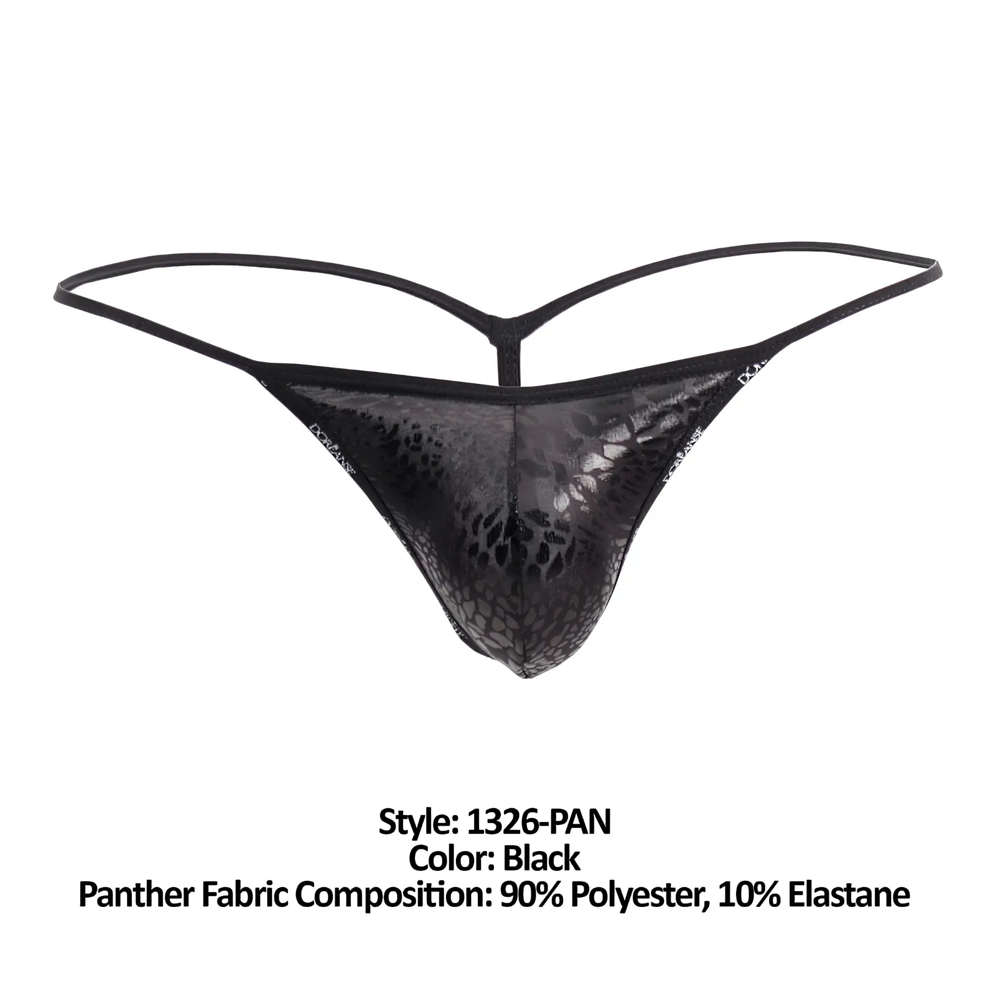 Black thong g-string with glossy panther print and thin supportive straps by doreanse in black color