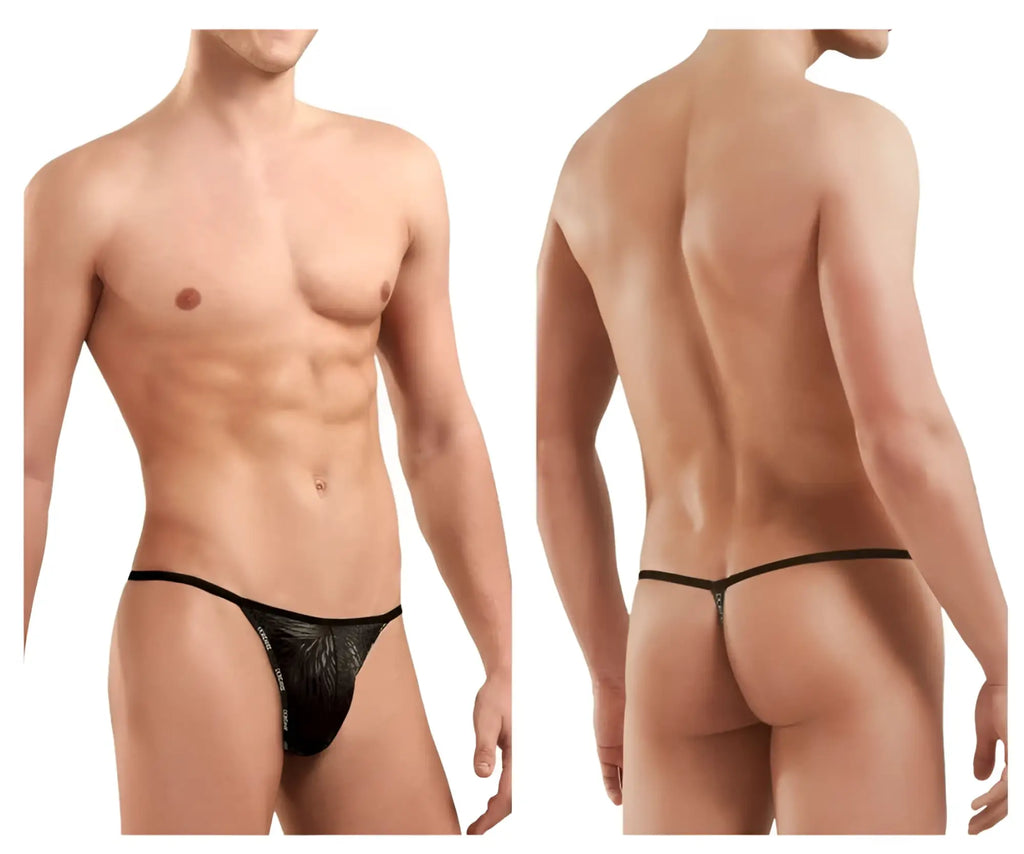 Black thong G-string by Doreanse 1326-PAN with subtle tropical leaf pattern and thin elastic waistband in black panther color