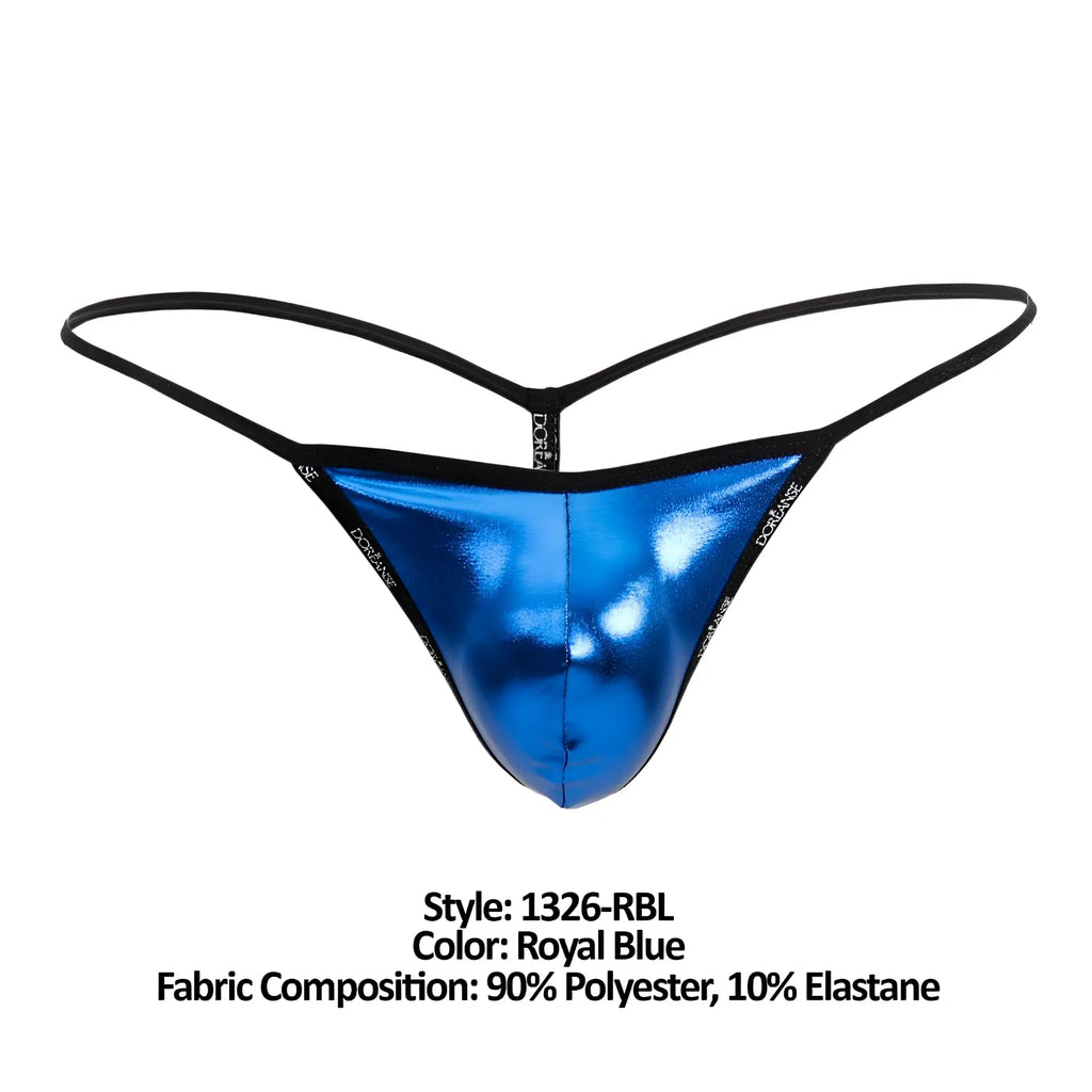 Royal blue metallic thong with black elastic straps and doriane branding from doreanse 1326-rbl flashy g-string
