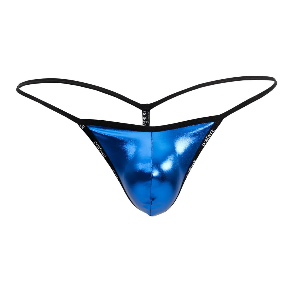 Doreanse 1326-RBL flashy g-string in royal blue shiny metallic thong with black elastic straps and branded logo edges