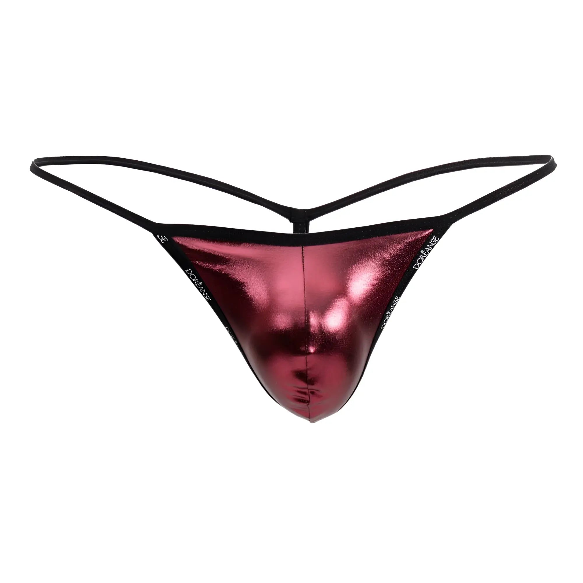 Shiny metallic red thong with black elastic straps and trim from doreanse 1326-rro flashy g-string royal rose collection