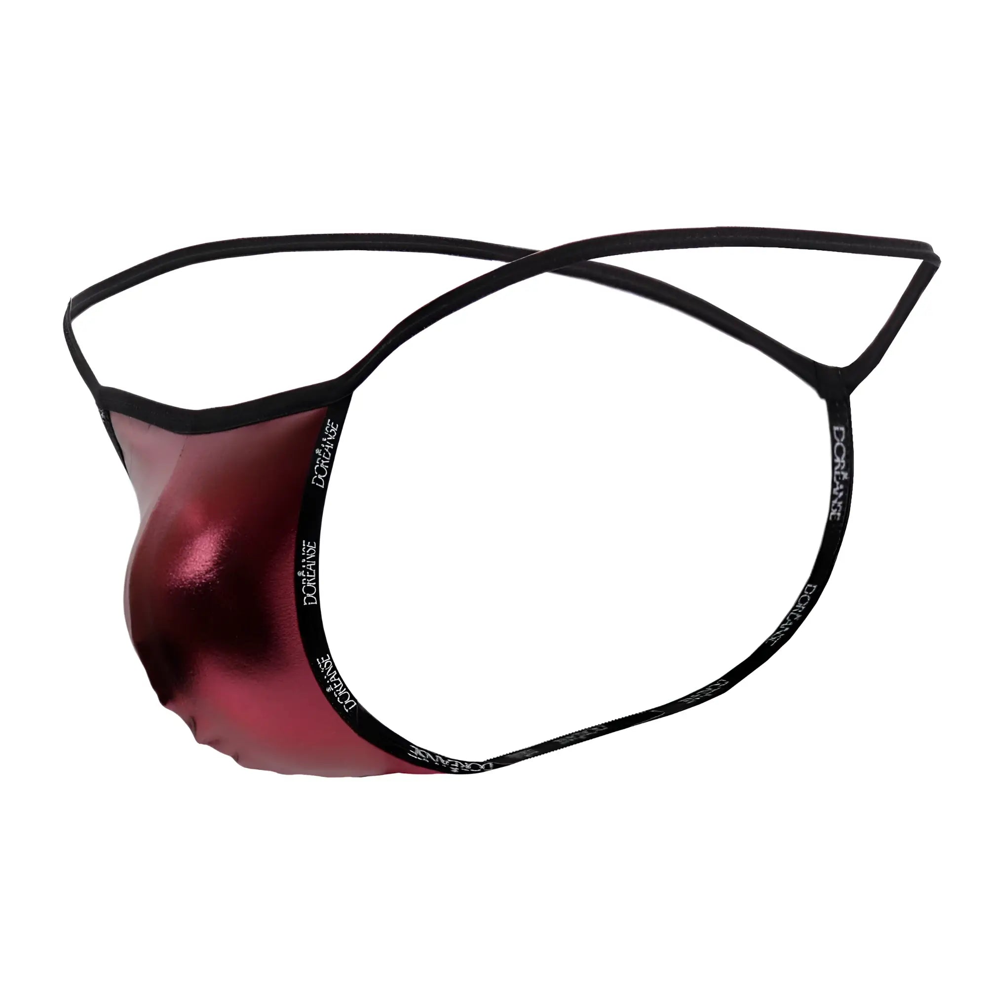 A shiny metallic red thong g-string with black elastic bands printed with doriane from doreanse 1326-rro flashy royal rose