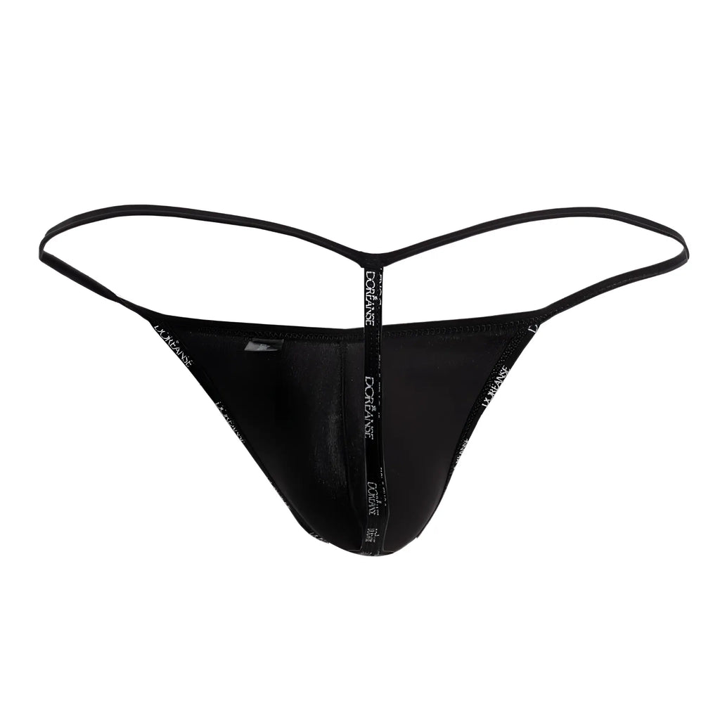 Black doreanse 1326-SBK flashy g-string thong with sheer mesh front thin elastic straps and vertical brand name print