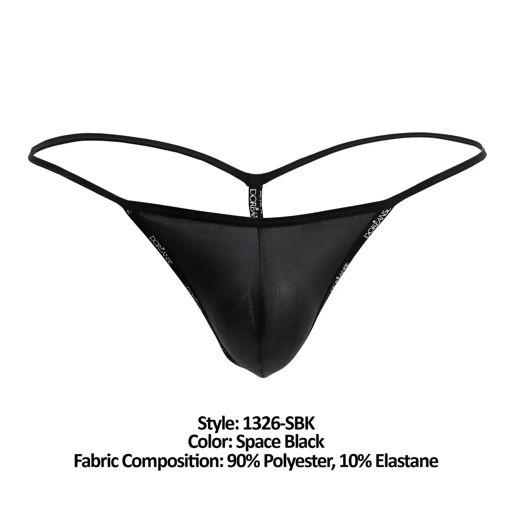 Doreanse 1326-sbk flashy g-string black thong with sleek glossy finish and thin elastic straps showing front view