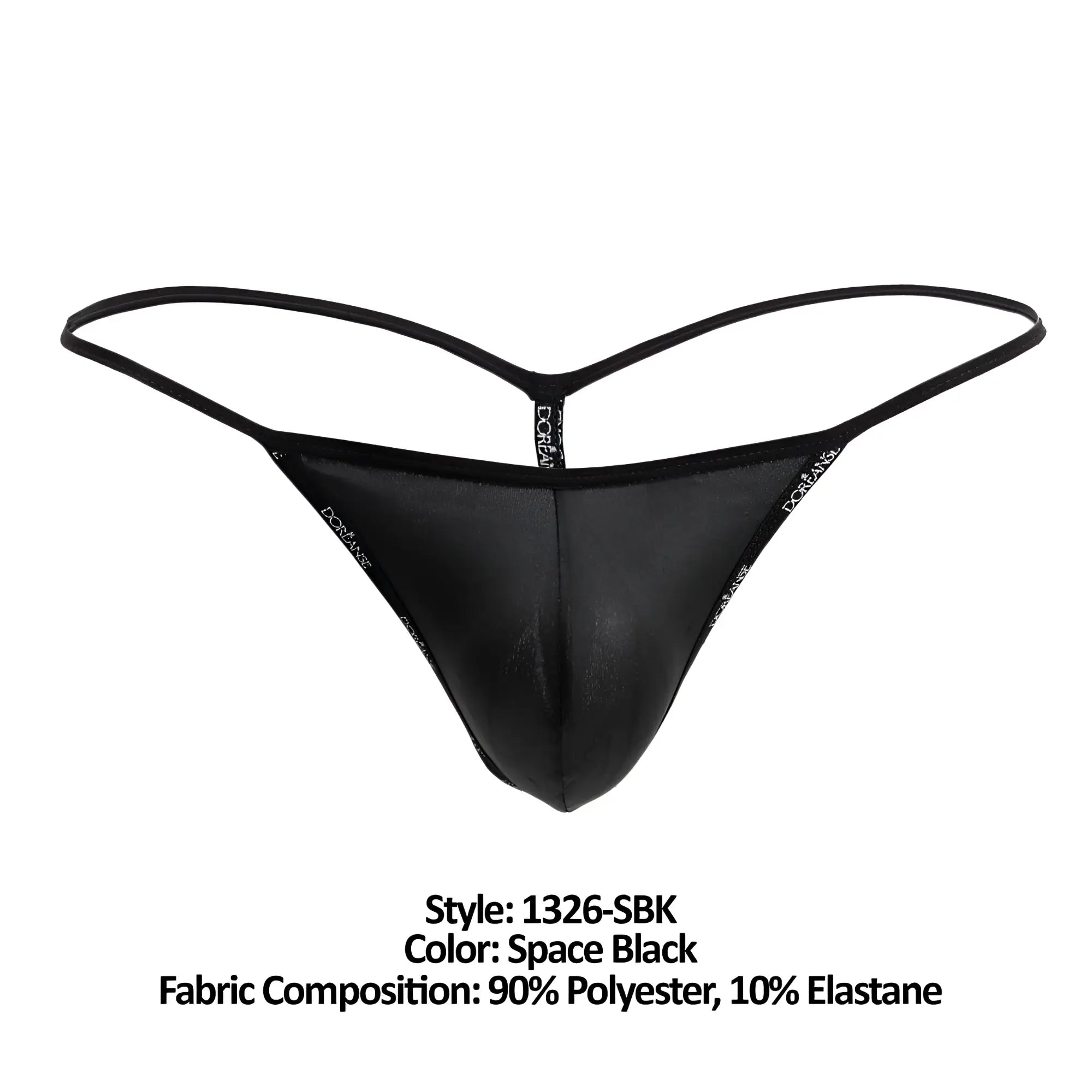 Doreanse 1326-sbk flashy g-string black thong with sleek glossy finish and thin elastic straps showing front view