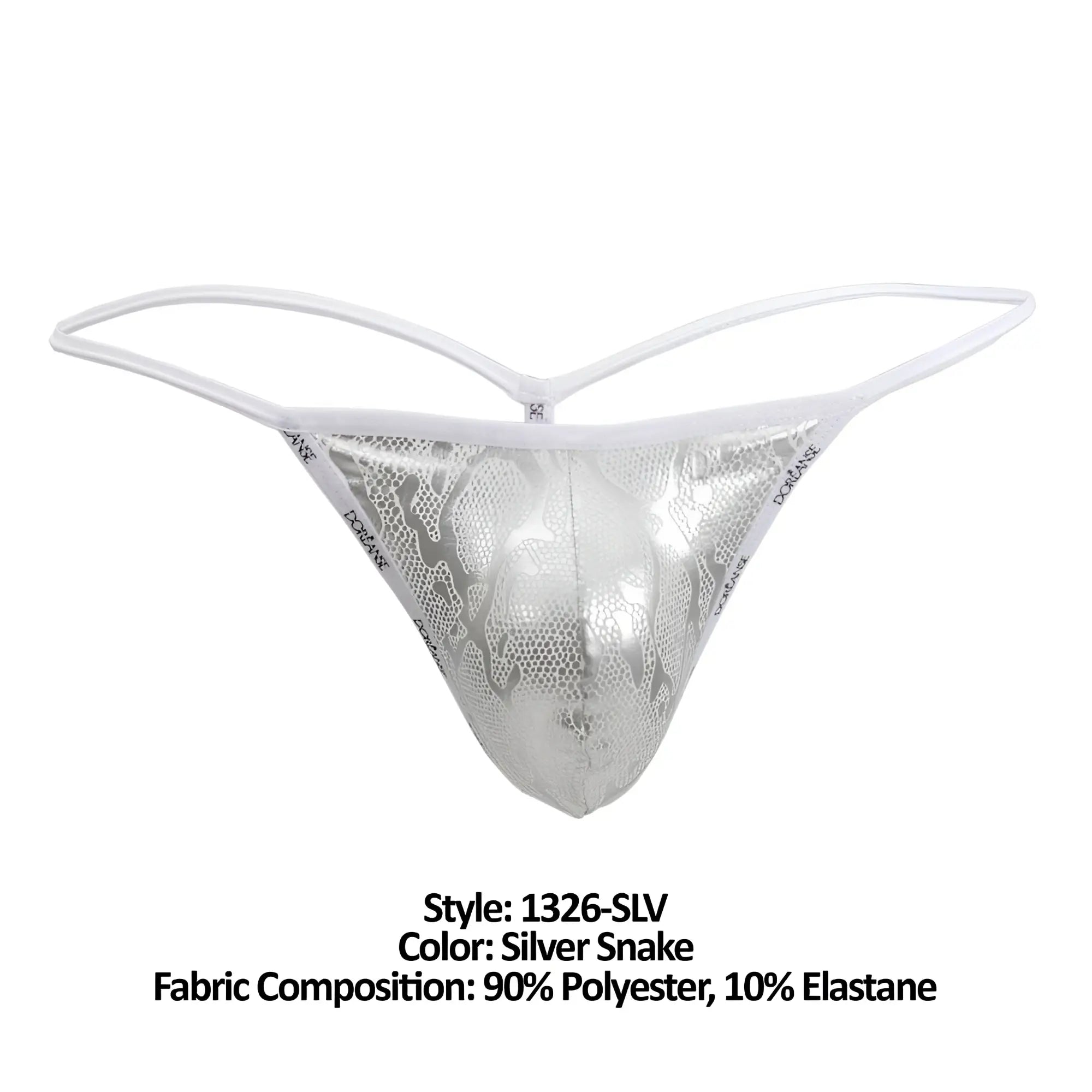 Doreanse 1326-SLV flashy g-string silver snake pattern thong with white elastic straps front view
