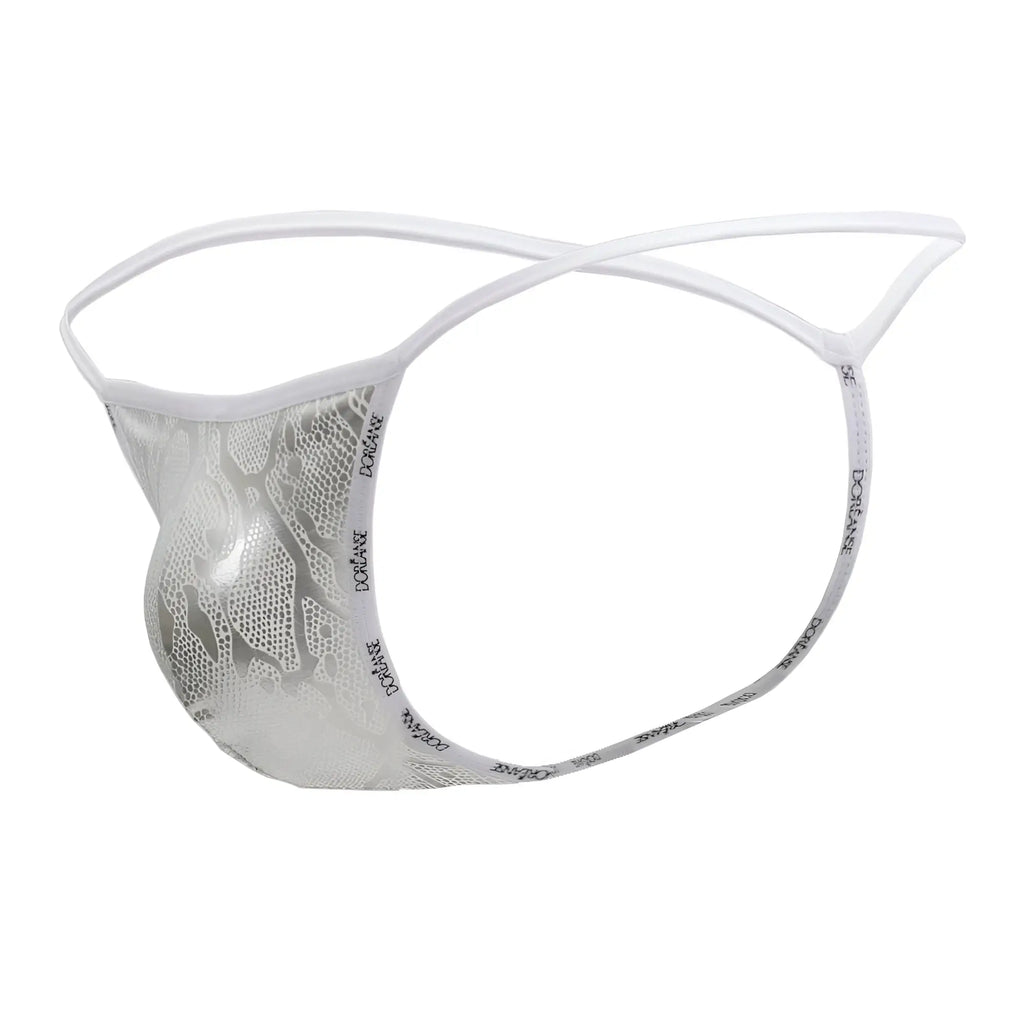 White lace thong with silver mesh pattern and silver snake color branded elastic bands by doreanse 1326-slv flashy g-string