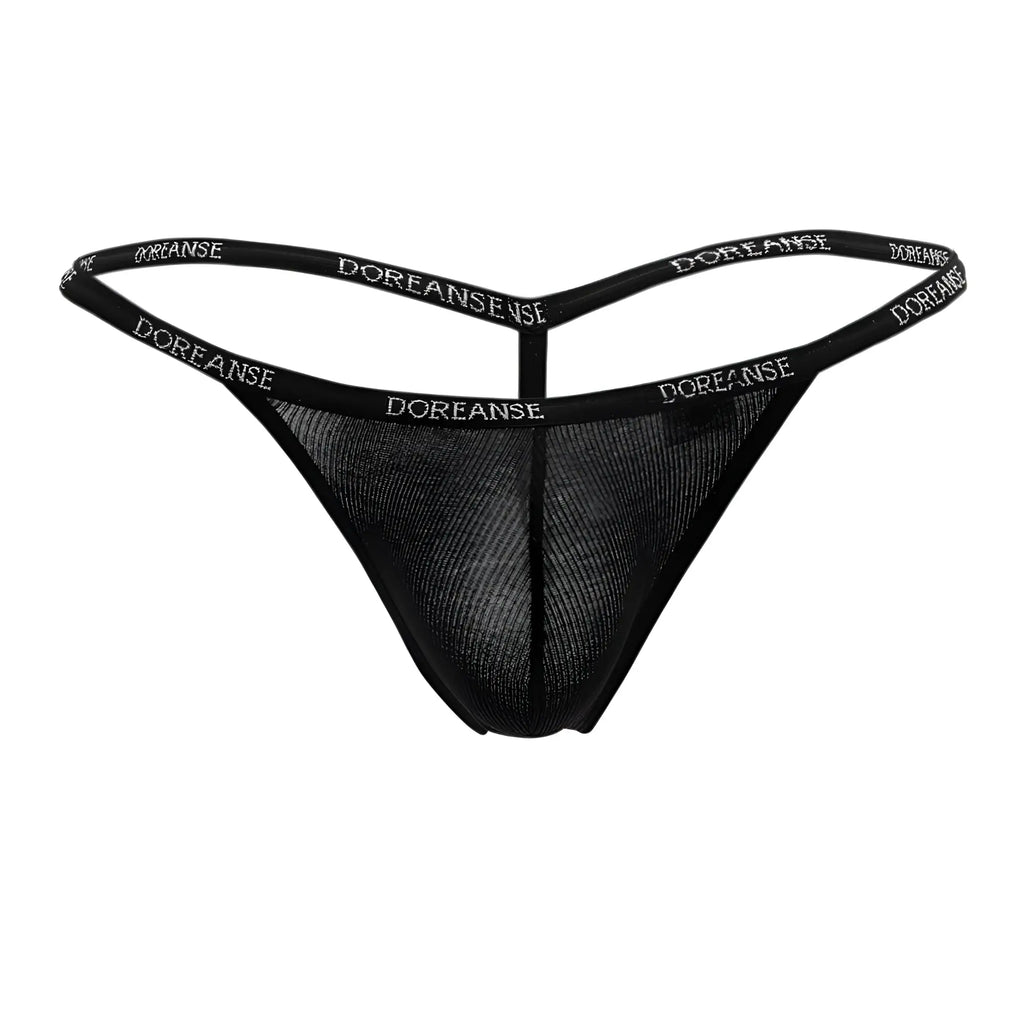 Black ribbed modal mesh thong with doreansense branding on elastic waistband for comfortable everyday wear