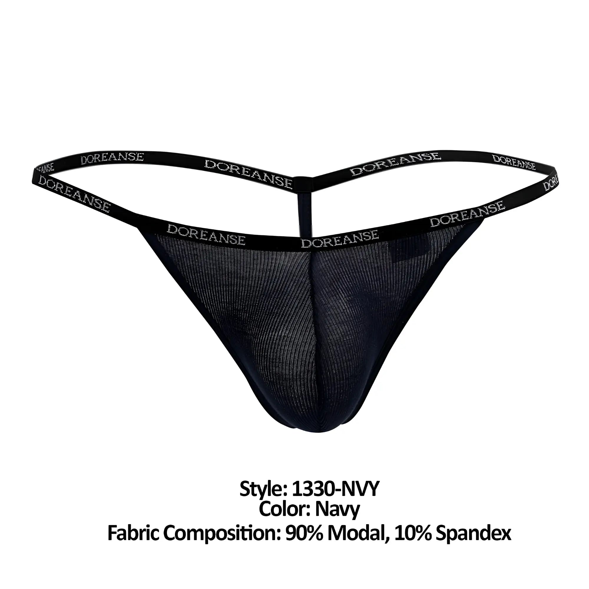 Doreanse 1330-nvy ribbed modal t-thong in navy with black mesh fabric and elastic waistband featuring brand name in white