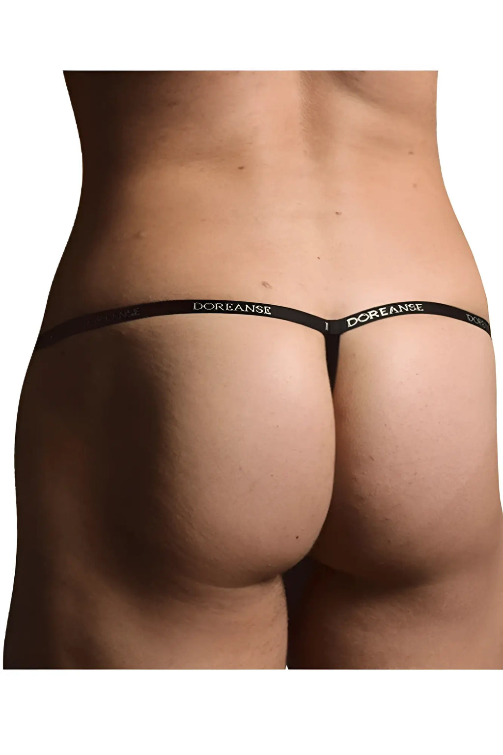 Black doreanse thong with ribbed modal fabric and brand name printed on the waistband in white color