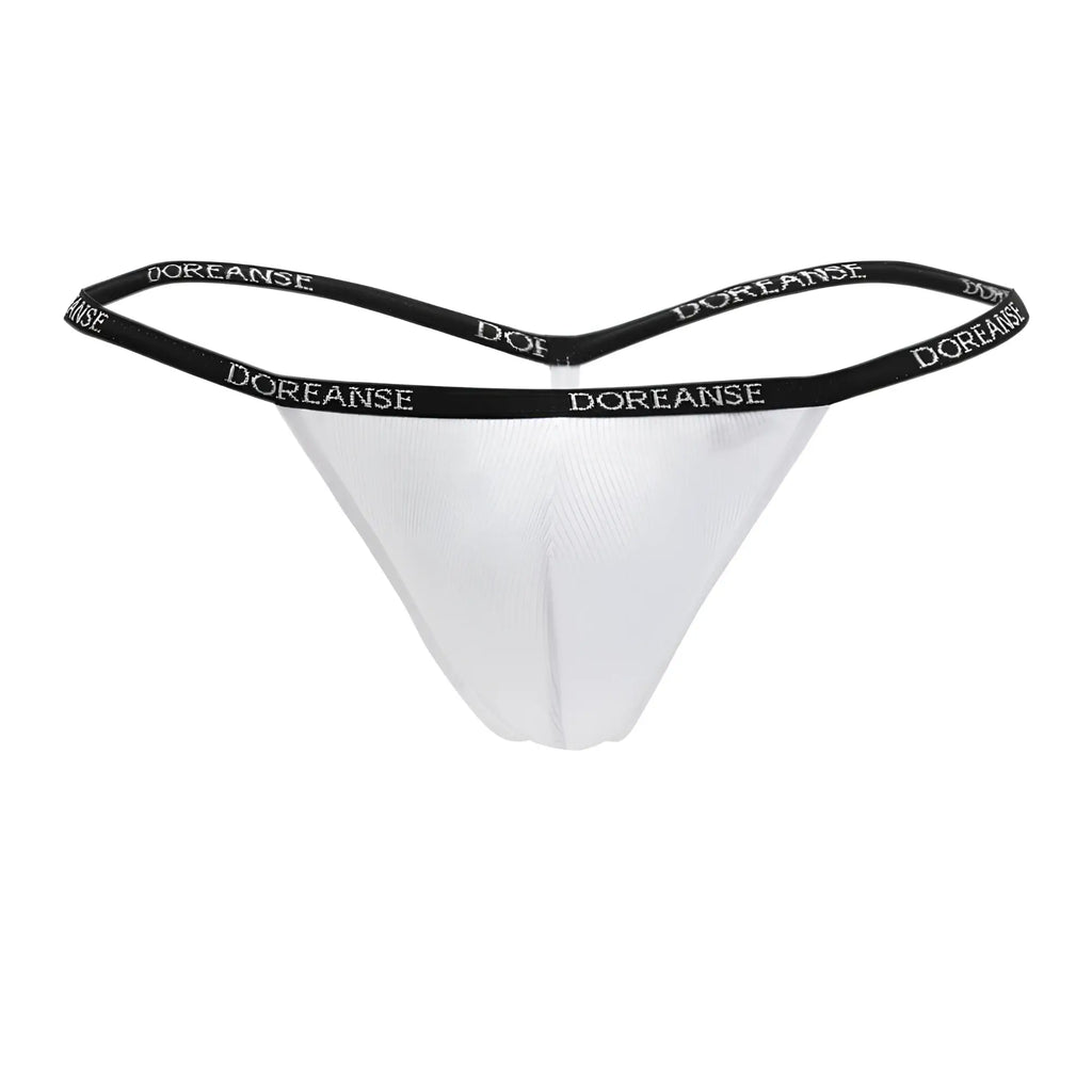 White doreanse 1330-wht ribbed modal thong with black elastic waistband featuring white brand lettering