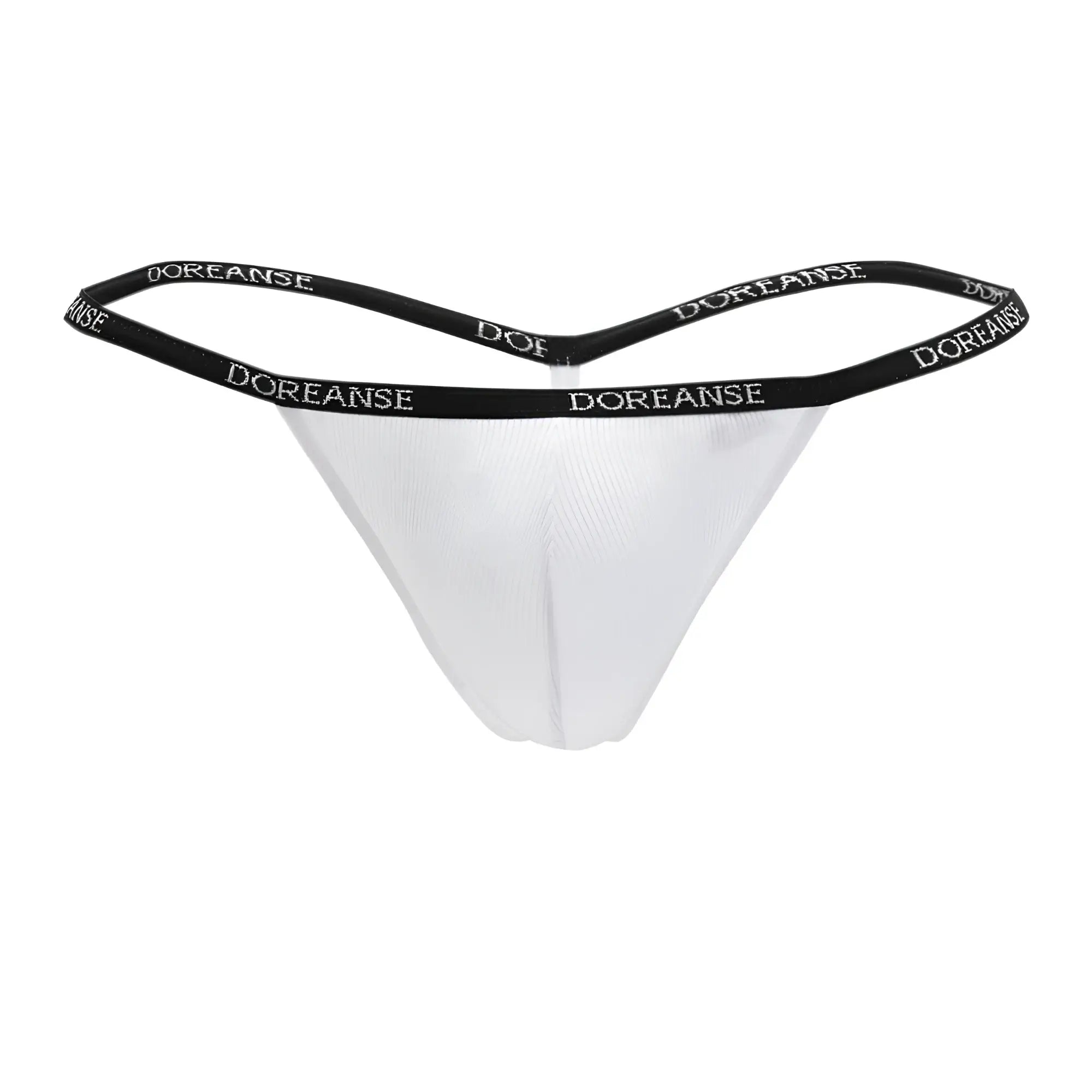 White doreanse 1330-wht ribbed modal thong with black elastic waistband featuring white brand lettering