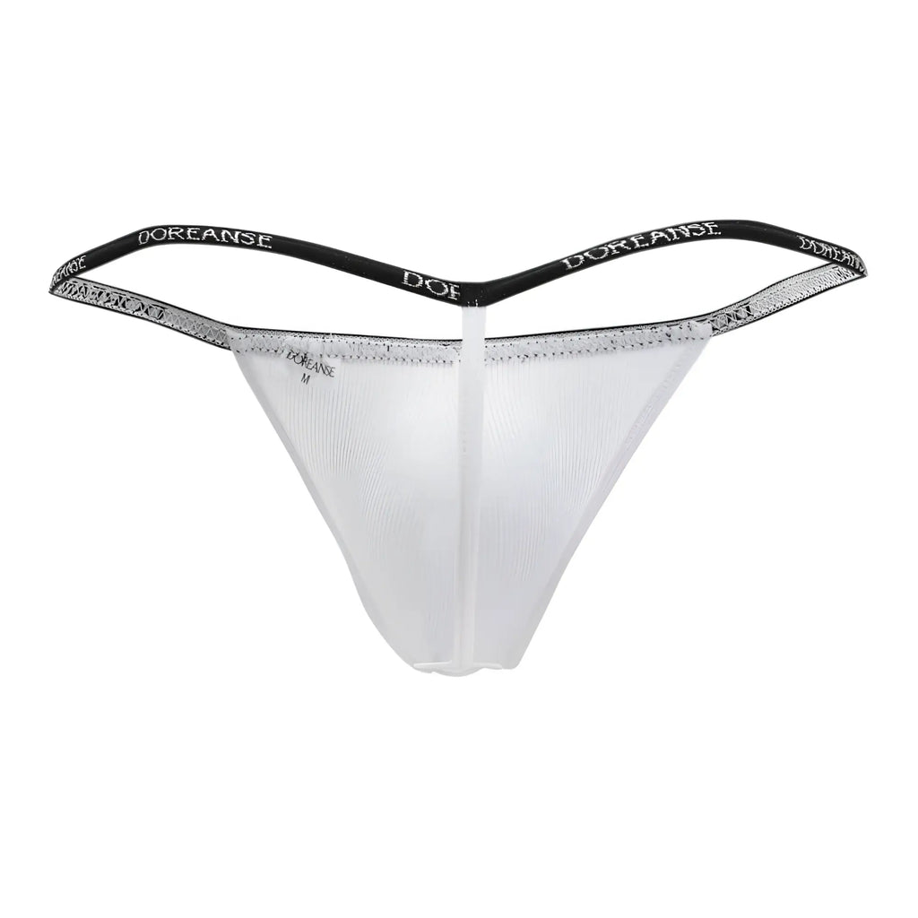 White doreanse 1330-wht ribbed modal t-thong with transparent fabric black waistband silver glitter trim and branding