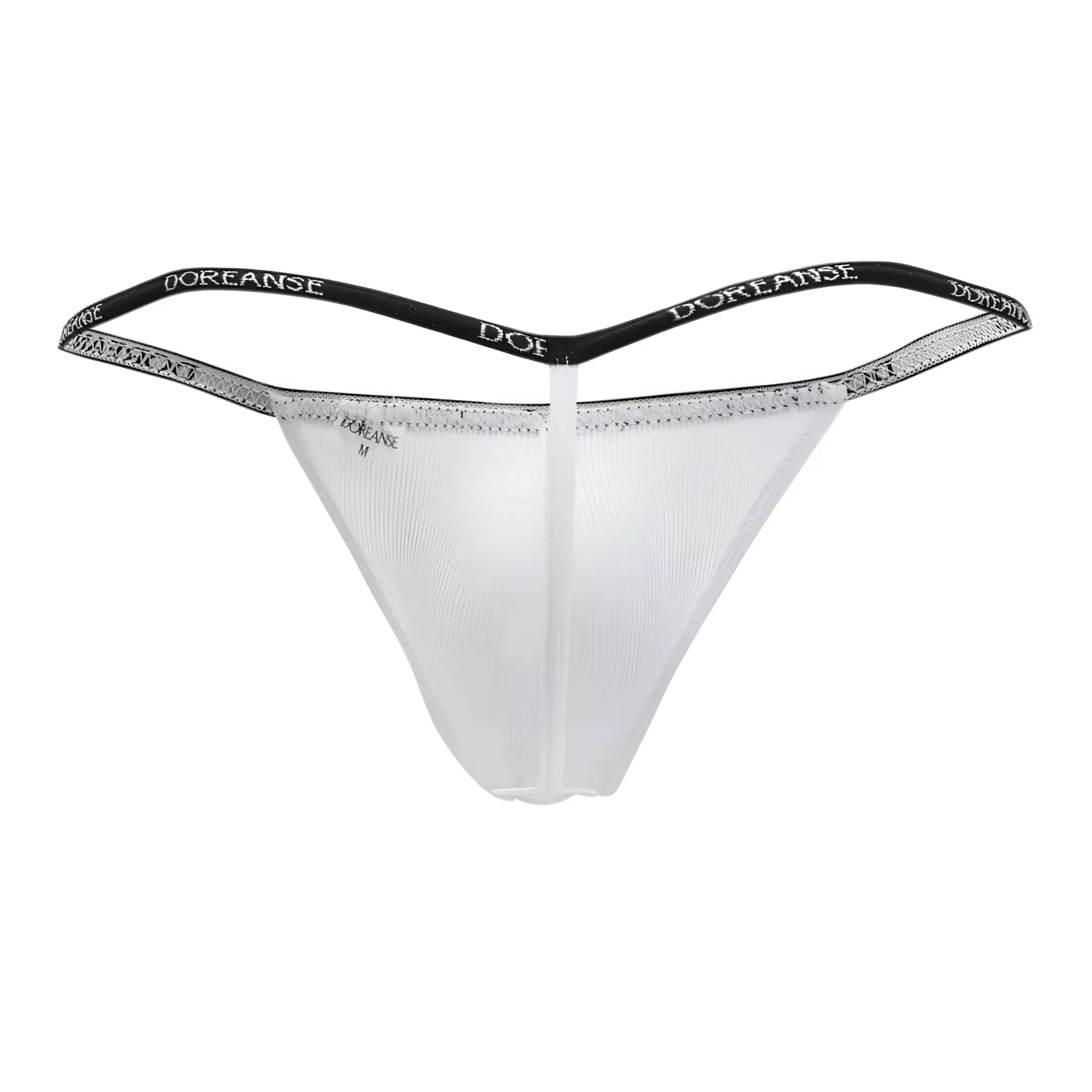 White doreanse 1330-wht ribbed modal t-thong with transparent fabric black waistband silver glitter trim and branding