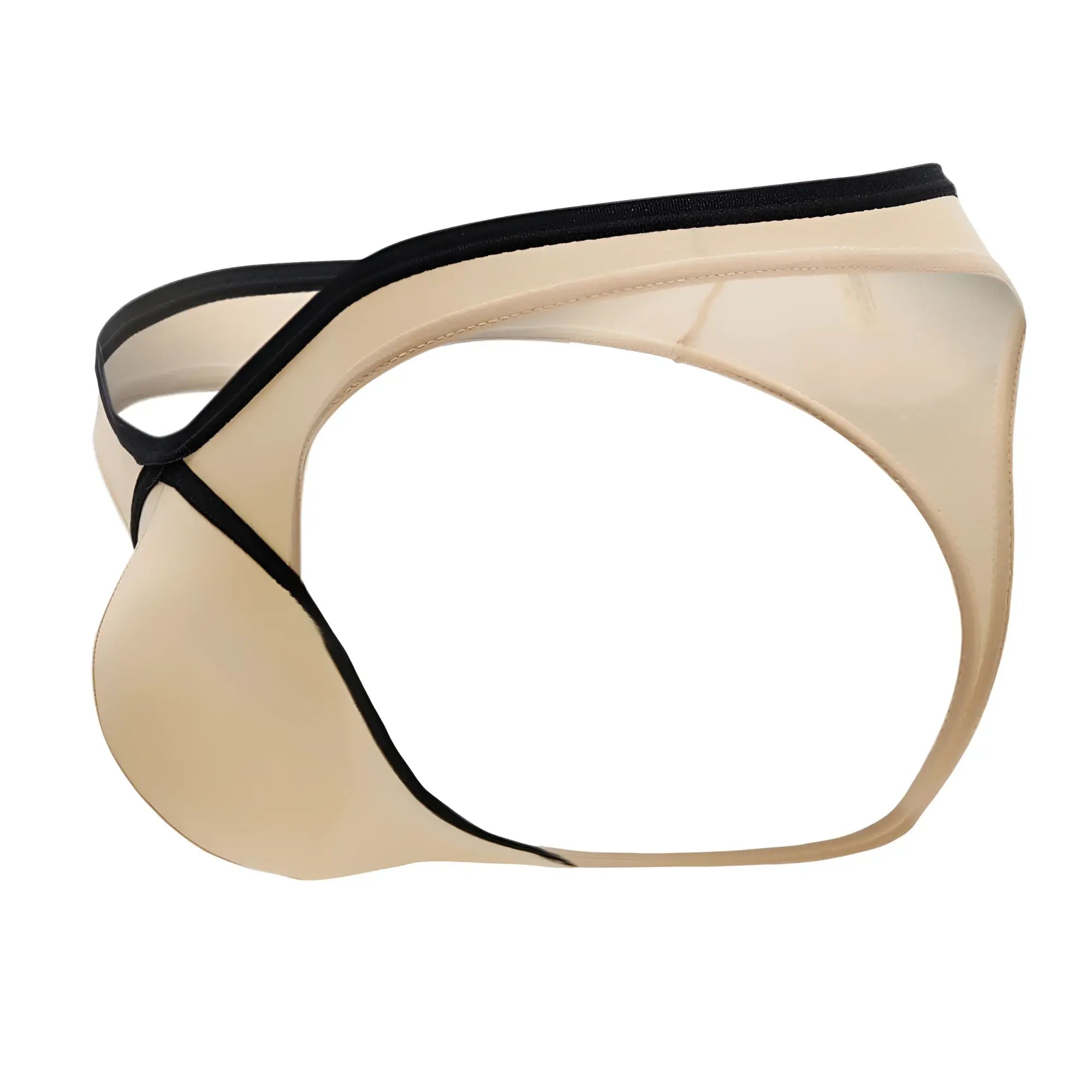 Beige sheer mesh briefs with black trim doreanSea 1332-tan loop thong in tan color front view