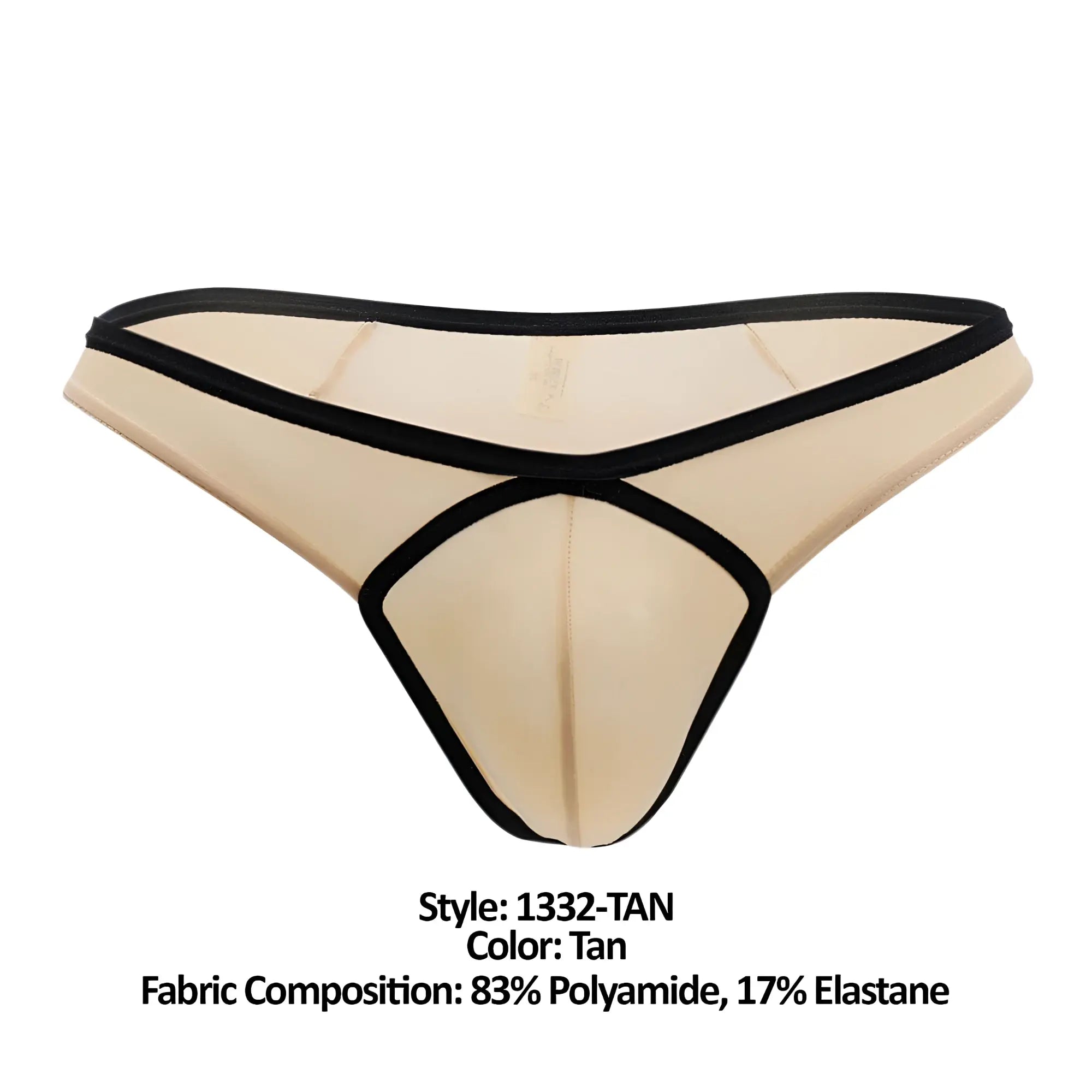 Doreanse 1332-tan loop thong in tan with black trim and a crisscross design on the front side