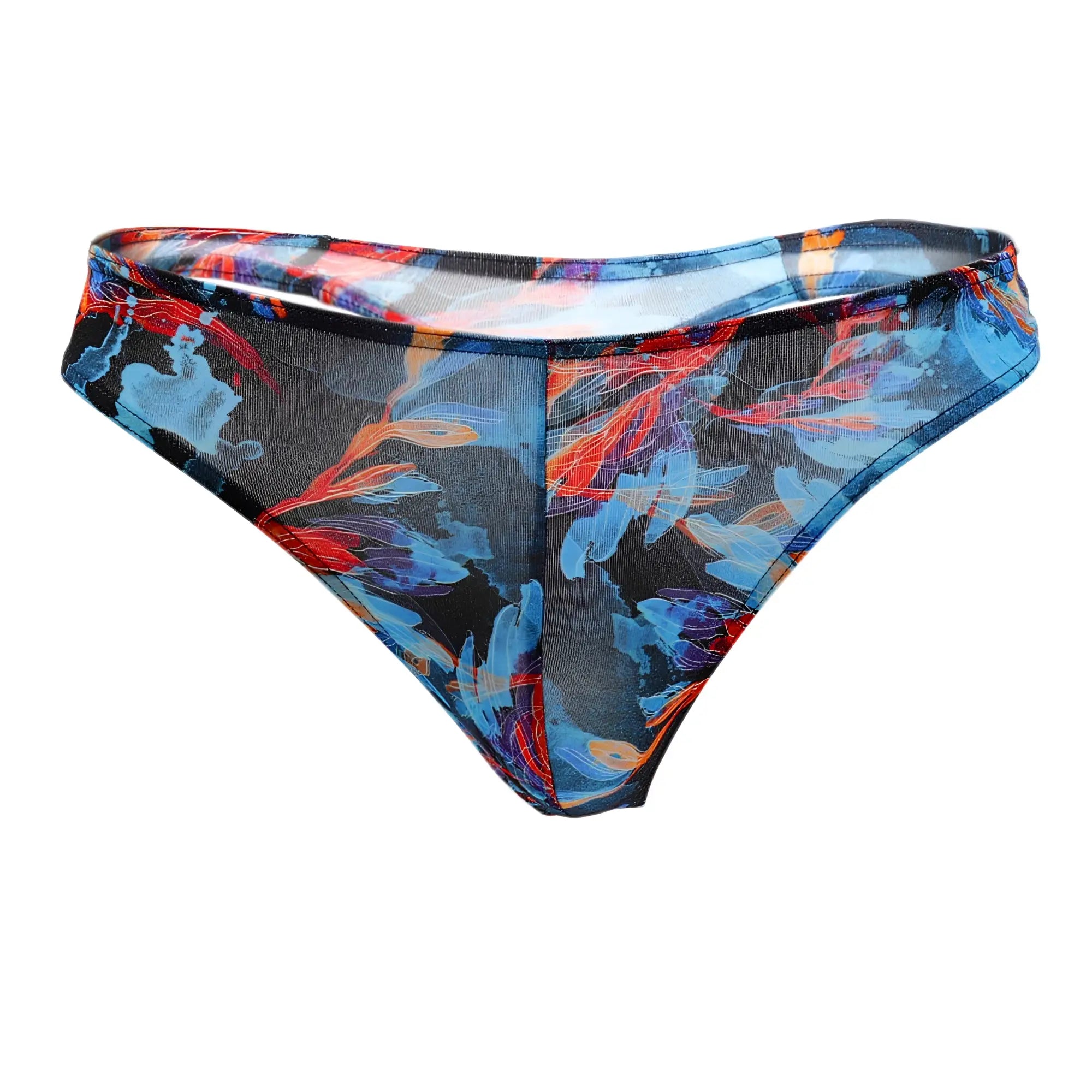 Sheer high-waisted thong in bold abstract blue and red floral pattern on black fabric by doreanse 1341-prn deep sea thong color printed