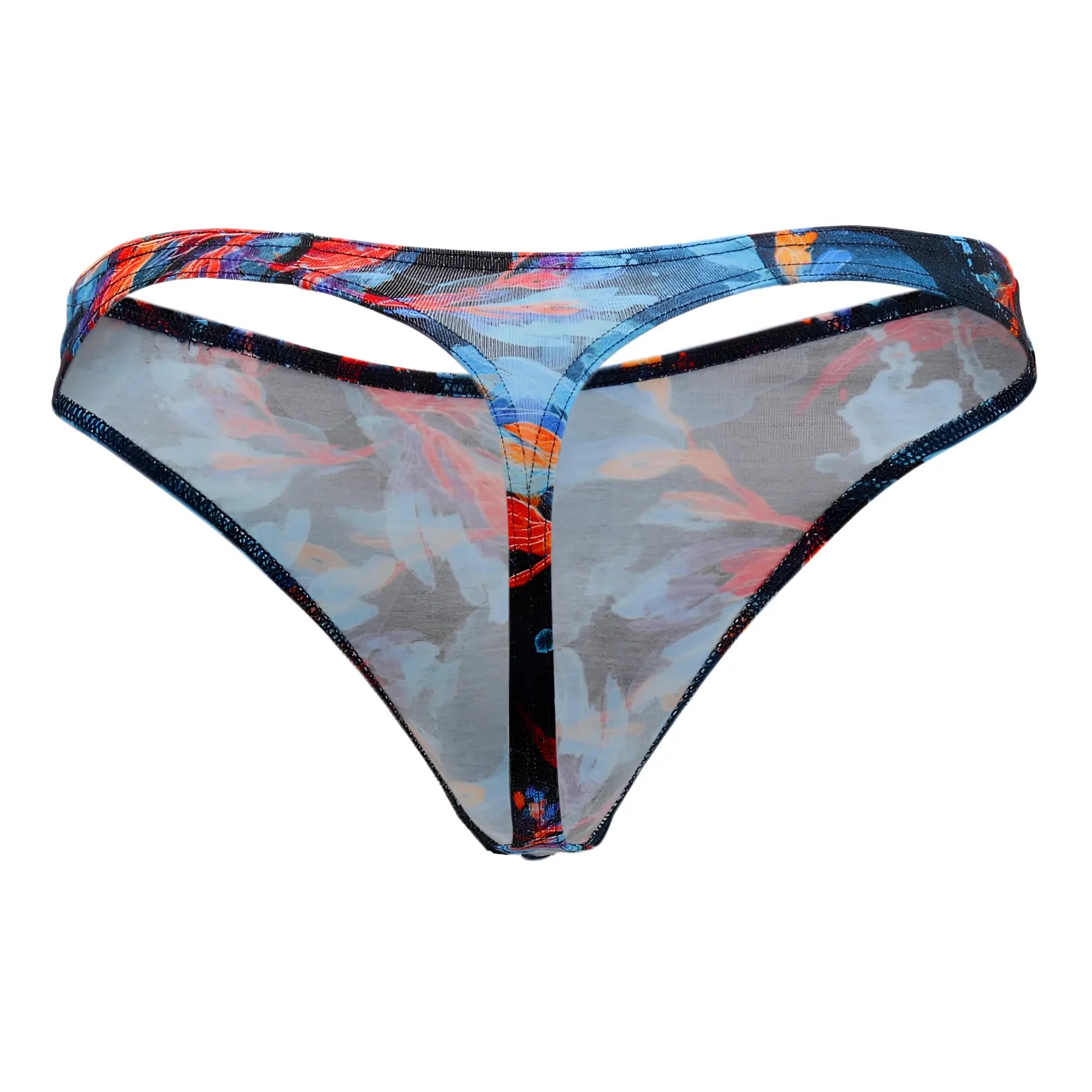 Doreanse 1341-prn deep sea thong with vibrant blue orange and red abstract floral print on sheer mesh with black trim