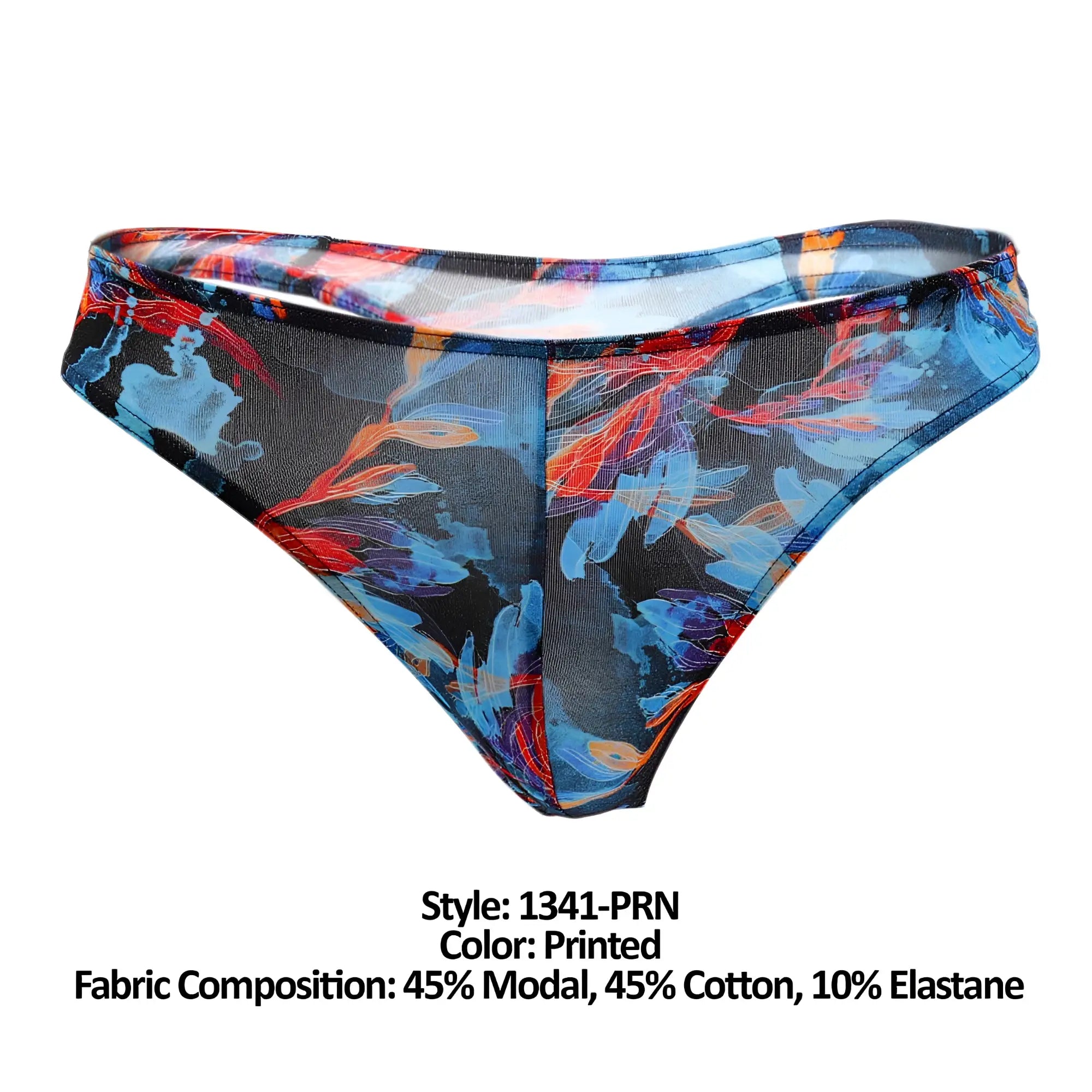 Doreanse 1341-PRN deep sea thong with blue and red abstract floral print on sheer black mesh fabric