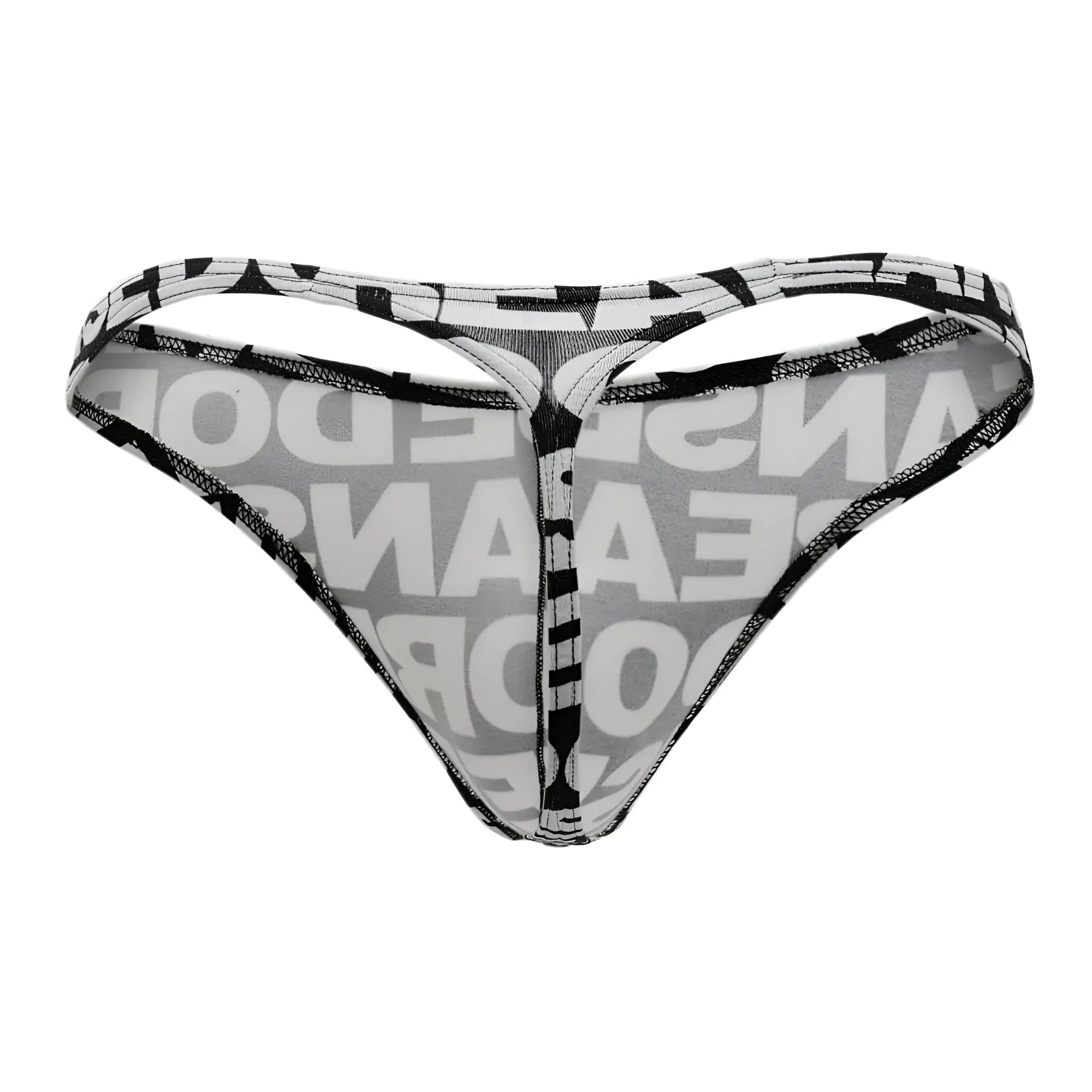 Black and white patterned Doreanse 1369-PRN big logo thong with bold mirrored text design front side view