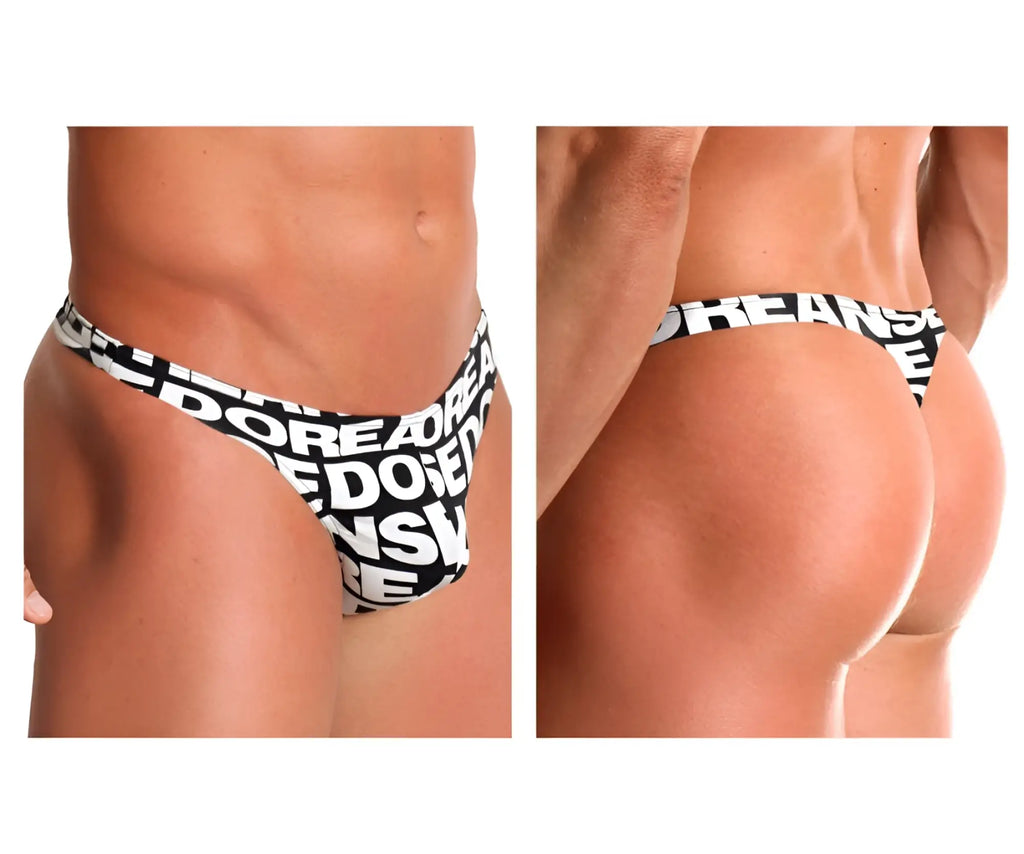 Black and white patterned men’s thong with bold repeating doreanse text design for stylish comfortable wear
