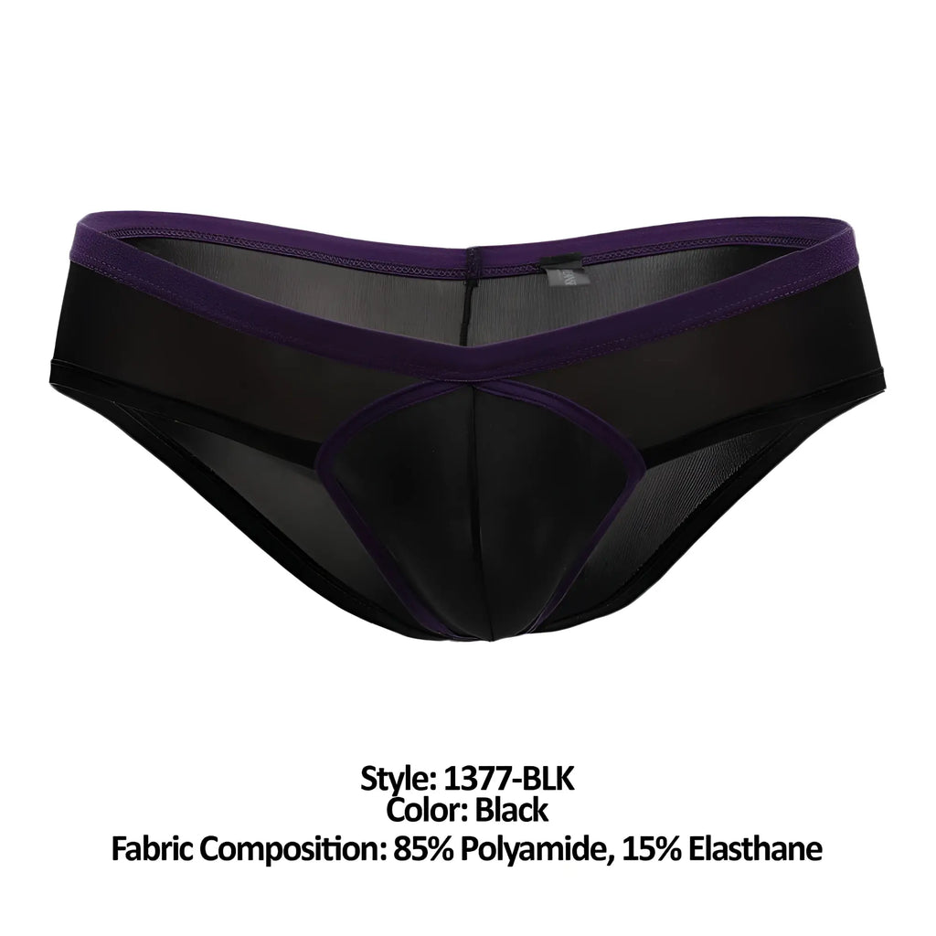 Black sheer men’s underwear with purple elastic waistband and reinforced paneling doreanse 1377-blk boost cheeky brief
