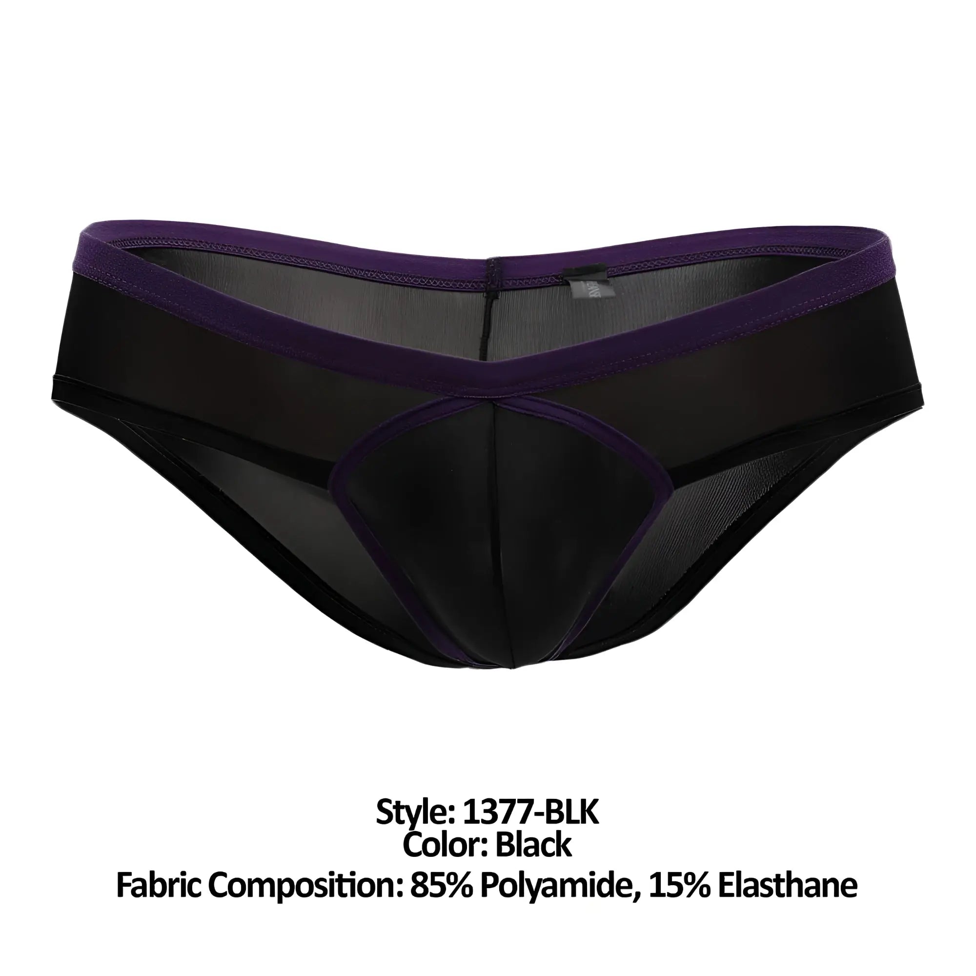 Black sheer men’s underwear with purple elastic waistband and reinforced paneling doreanse 1377-blk boost cheeky brief
