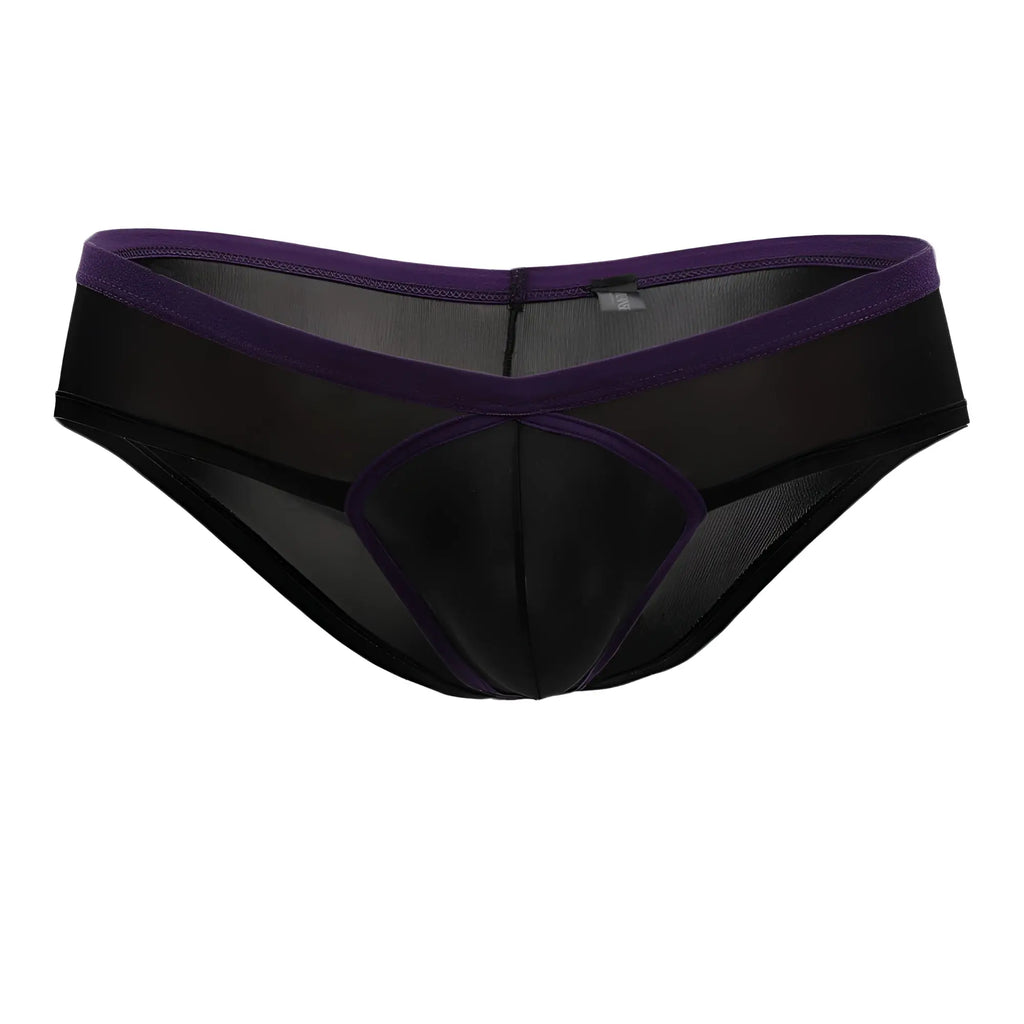 Doreanse 1377-BLK boost cheeky brief black sheer mesh with solid purple waistband and trim visible from the front