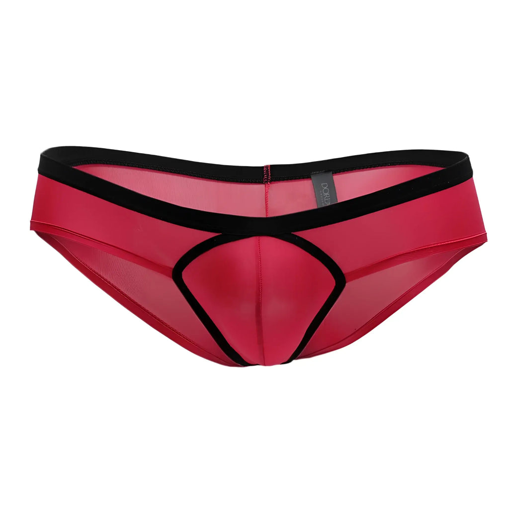 Doreanse 1377-fuc boost cheeky brief in sheer red with black elastic waistband and trim for men
