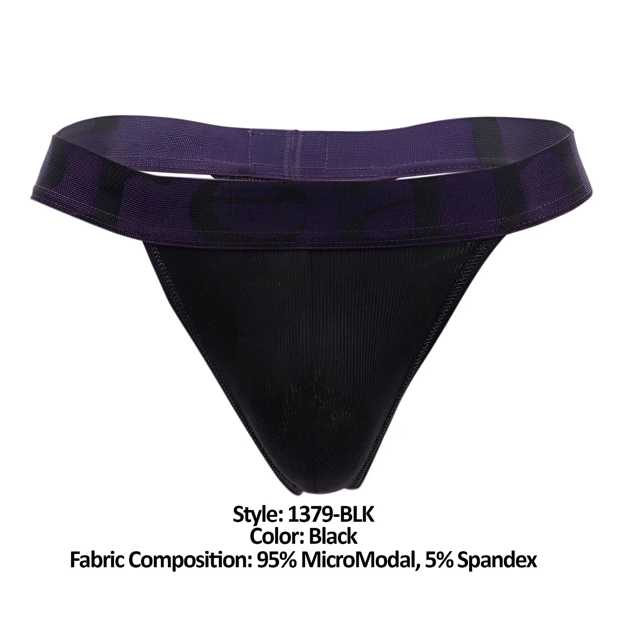 Black Doreanse 1379-BLK micromodal thong with purple elastic waistband and subtle black pattern shown from back