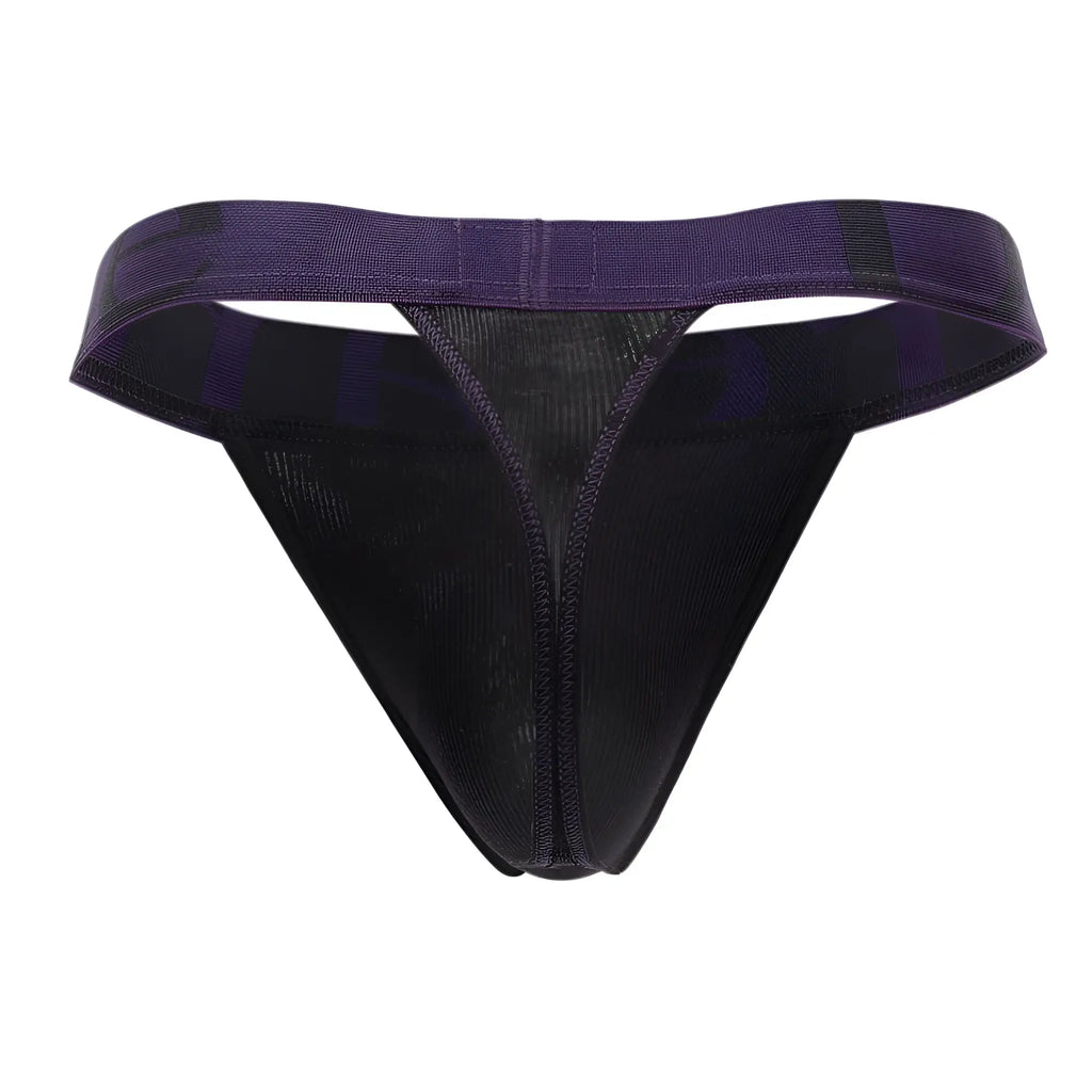 Doreanse 1379-BLK black micromodal thong with purple mesh front panel and elastic waistband for comfortable wear