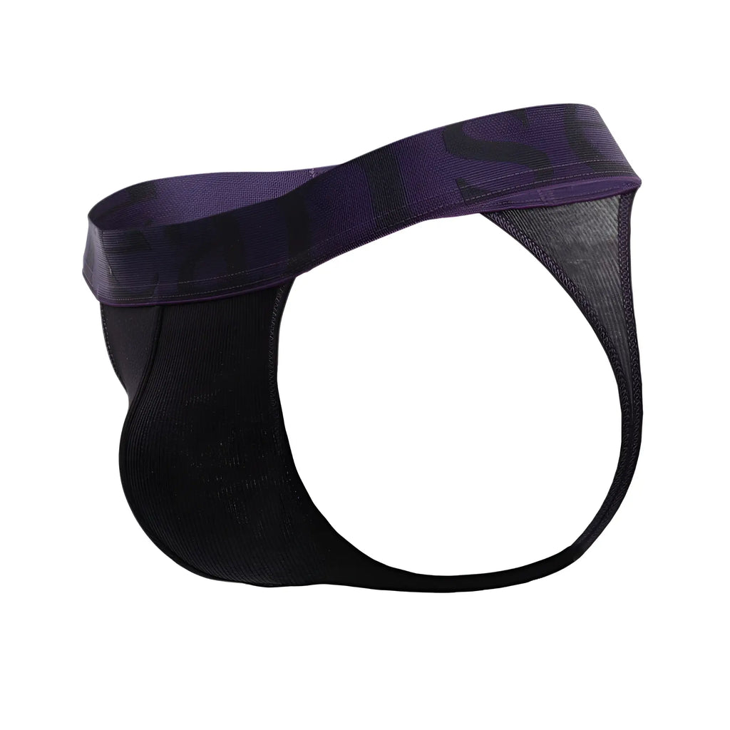 Doreanse 1379-BLK micromodal thong in black and purple mesh with a solid purple waistband front view