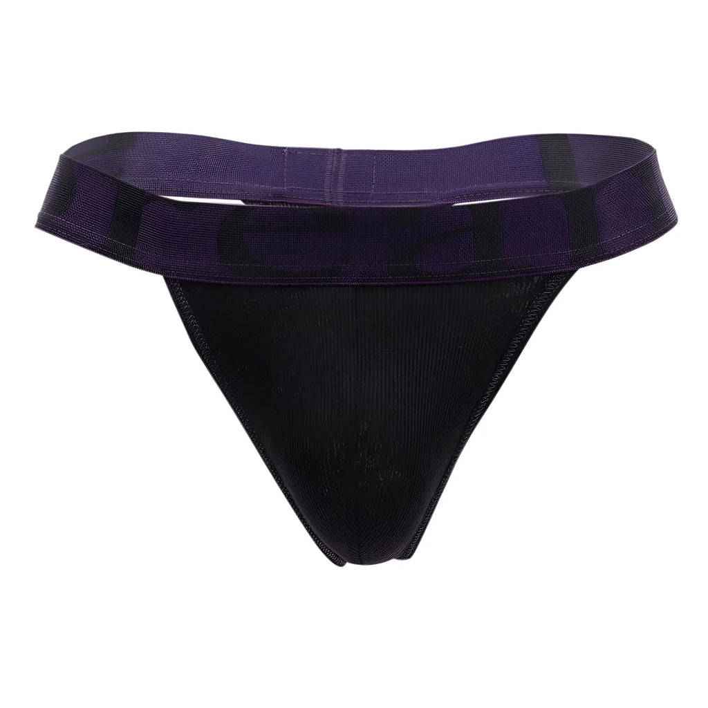 Black and purple doreanse 1379-BLK micromodal thong with textured fabric and wide patterned waistband shown from the back