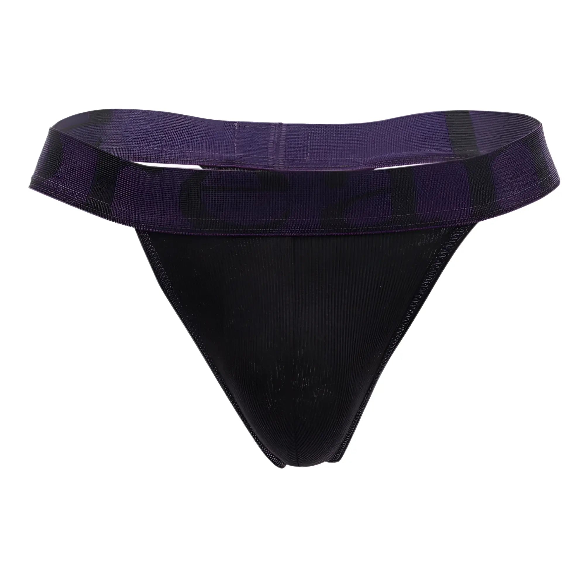 Black and purple doreanse 1379-BLK micromodal thong with textured fabric and wide patterned waistband shown from the back