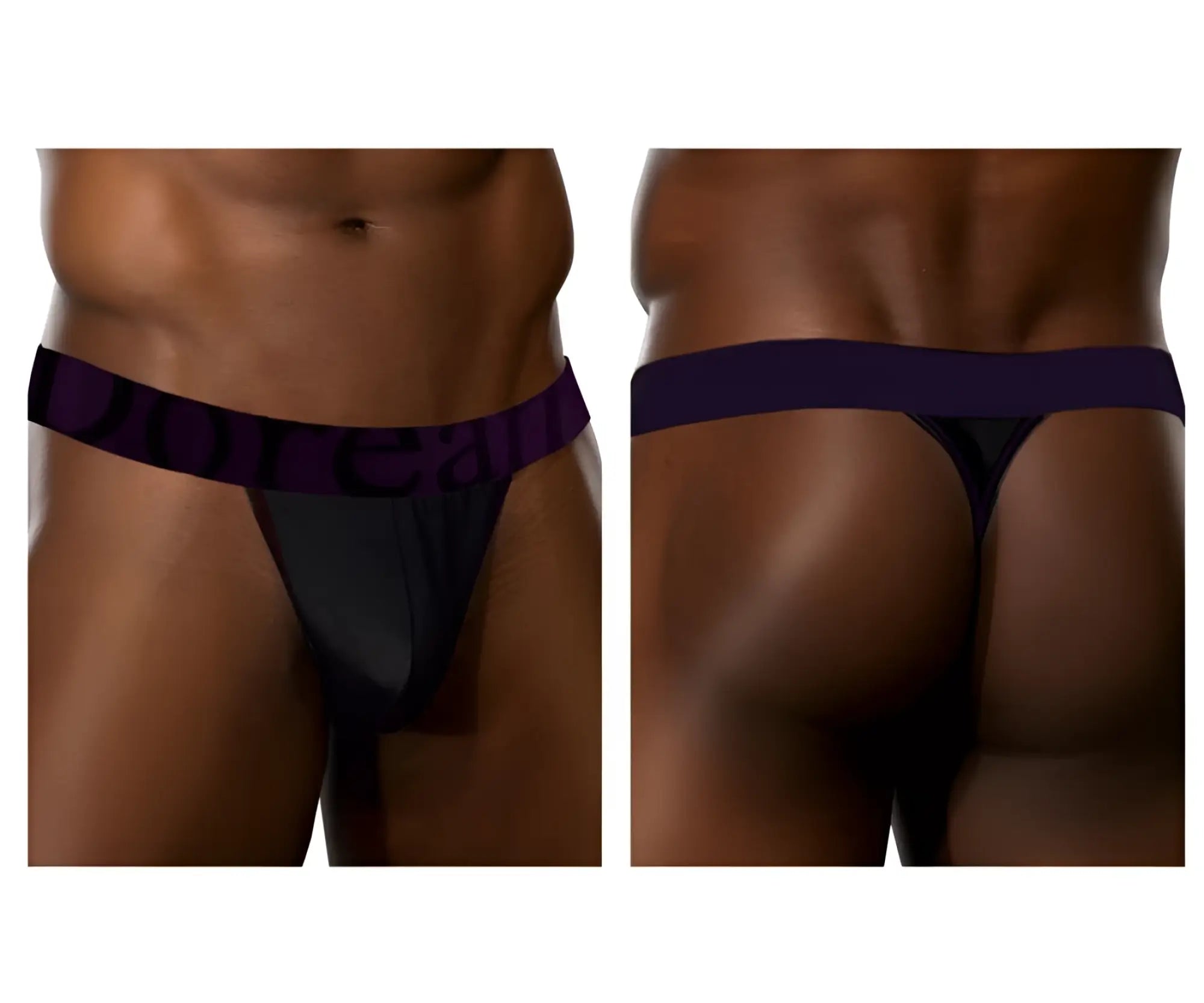 Black micromodal thong with wide dark purple elastic waistband featuring doreanse brand name in matching lettering