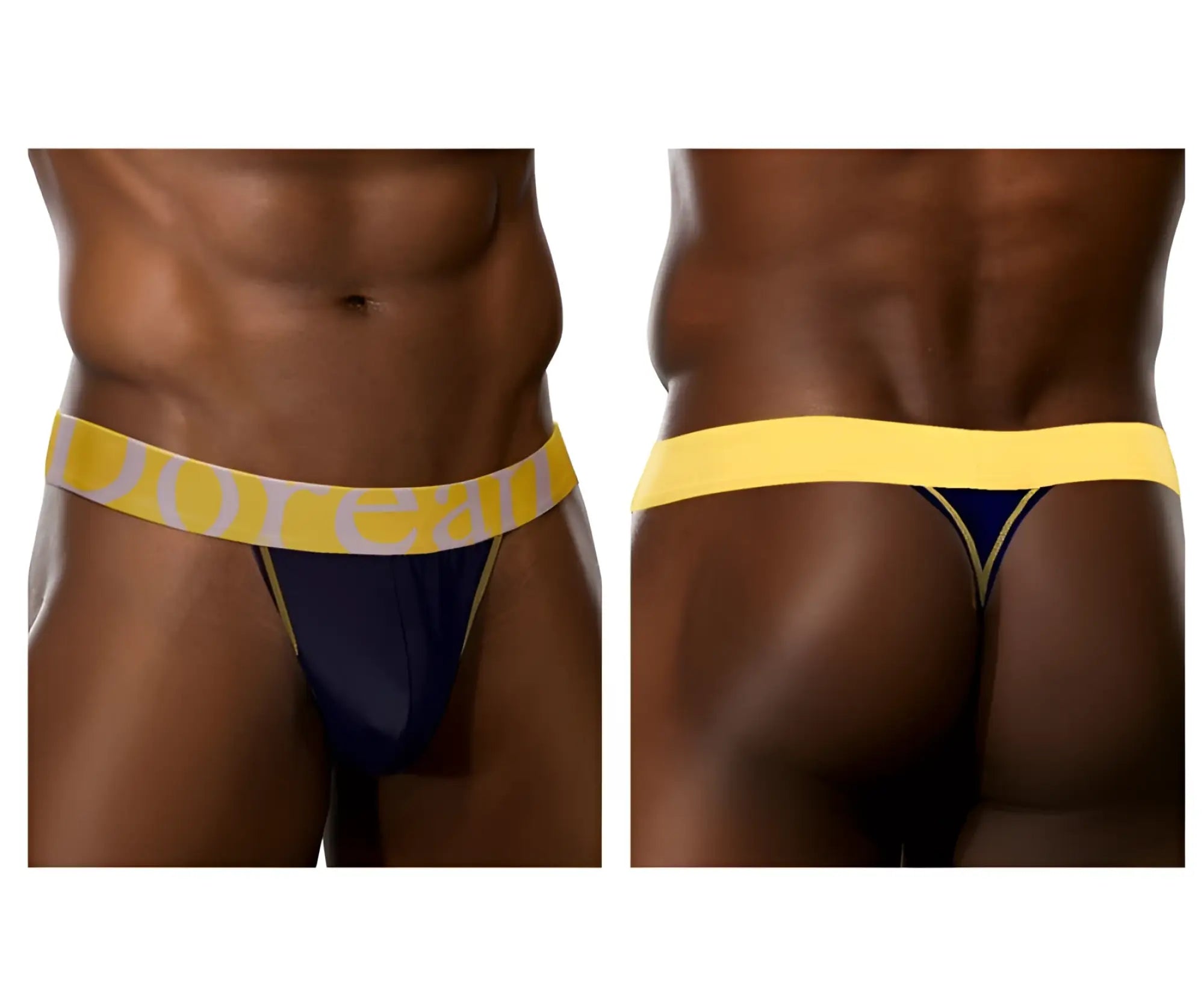 Navy blue micromodal thong with bright yellow waistband featuring doreanse white lettering front view