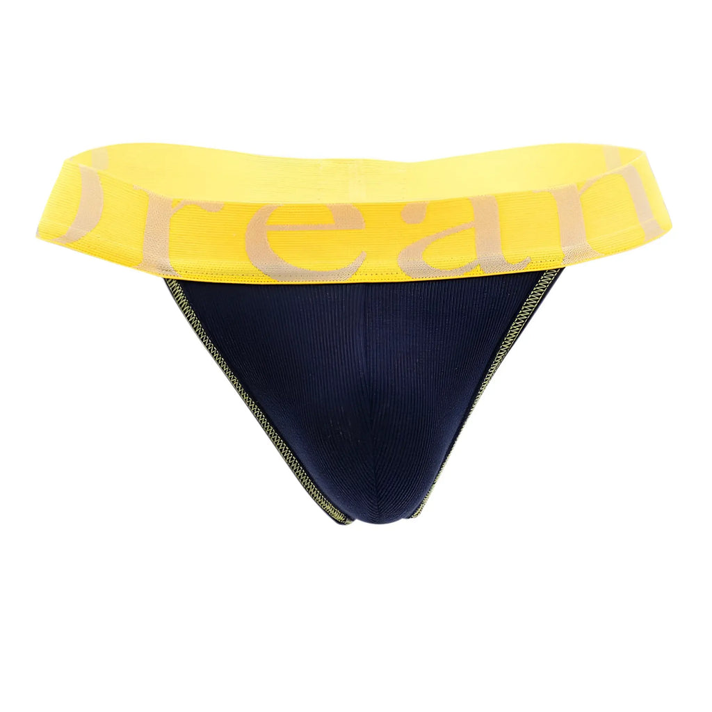 Navy blue Doreanse 1379-NVY micromodal thong with bright yellow waistband and beige dream lettering