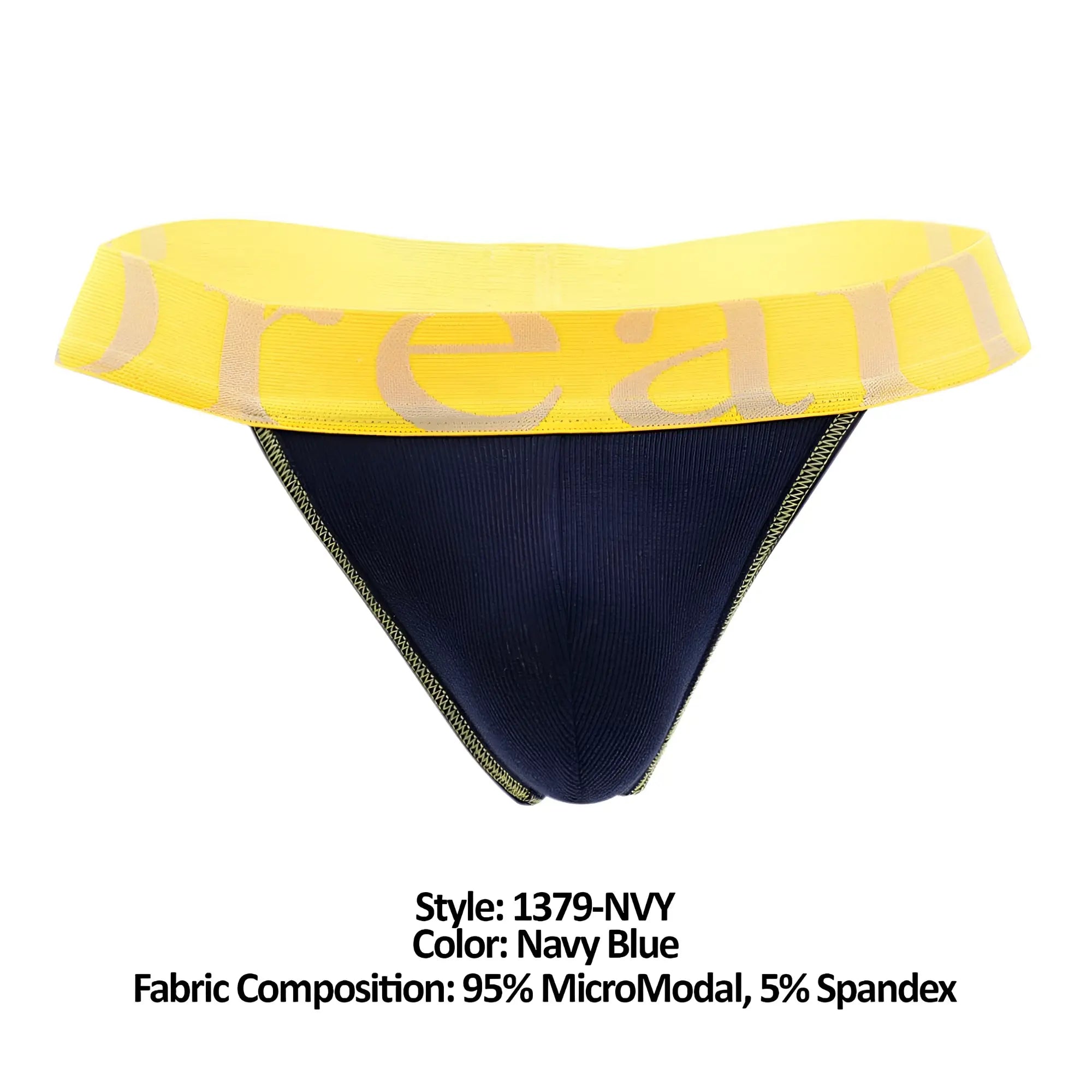Navy blue Doreanse 1379-NVY micromodal thong with bright yellow waistband featuring dream in beige lettering