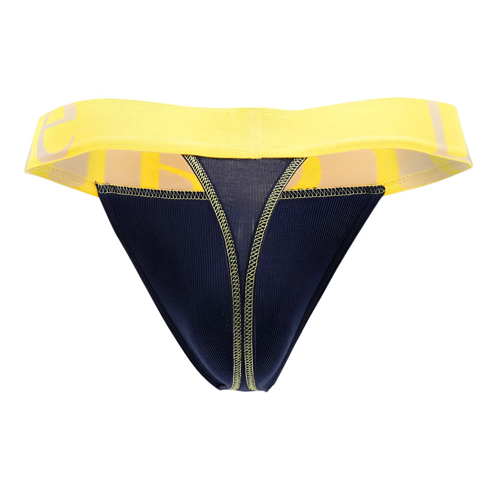 Navy blue doreanse 1379 micromodal athletic thong with yellow accents and wide elastic waistband with gray logo