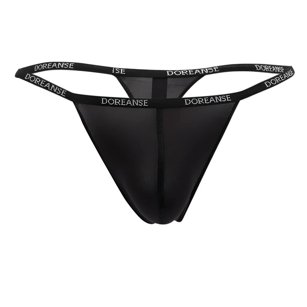 Black doreanse 1390-BLK aire thong with sheer mesh front and elastic waistband featuring white brand lettering