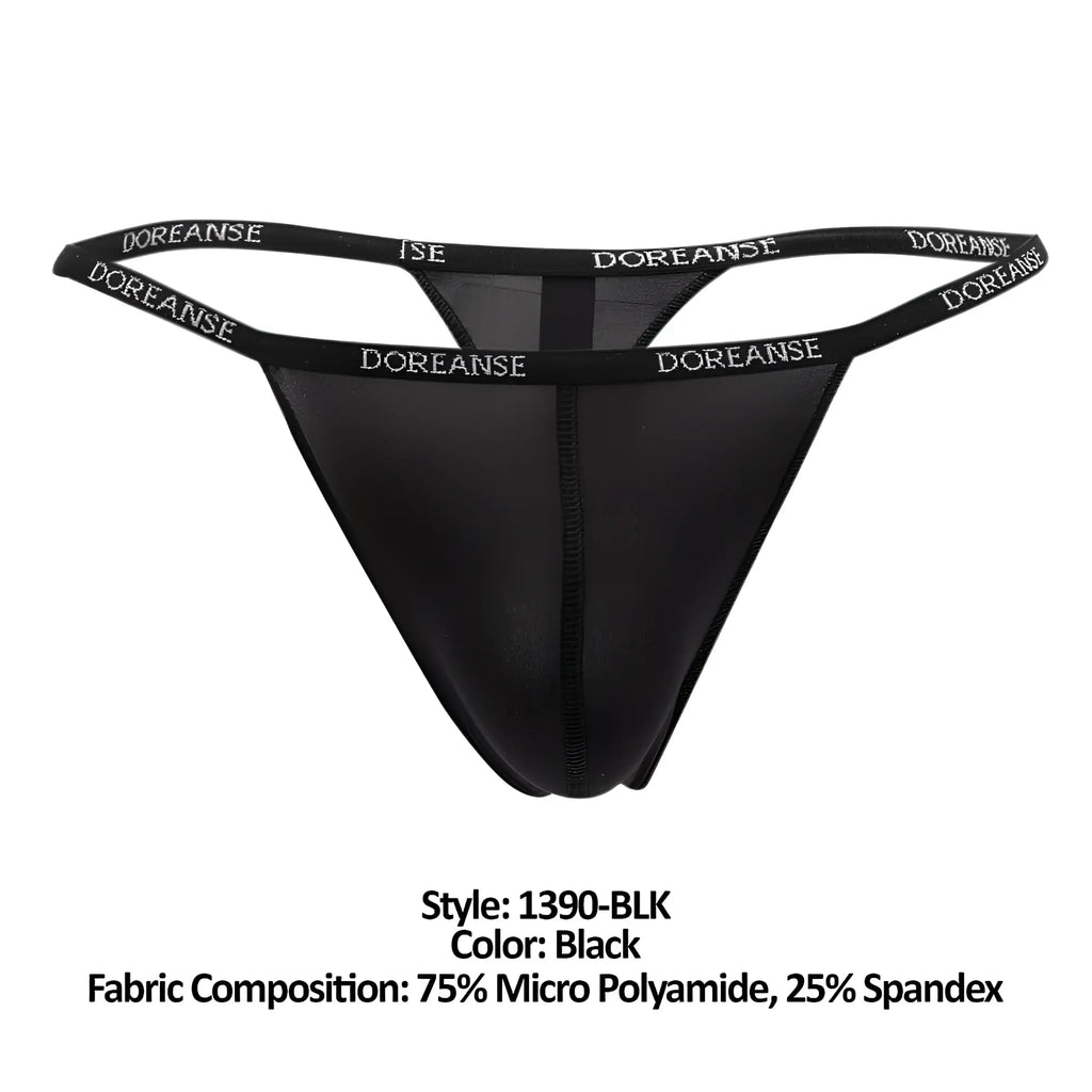 Black doreanse 1390-bkl aire thong with sheer mesh panel and elastic waistband featuring white brand lettering