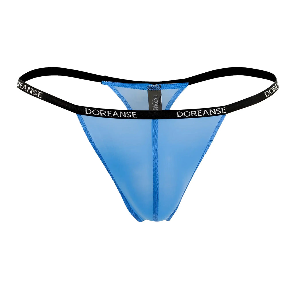 Blue sheer thong with black elastic waistband featuring doreanse branding in cobalt blue from Doreanse 1390-BLU Aire Thongs