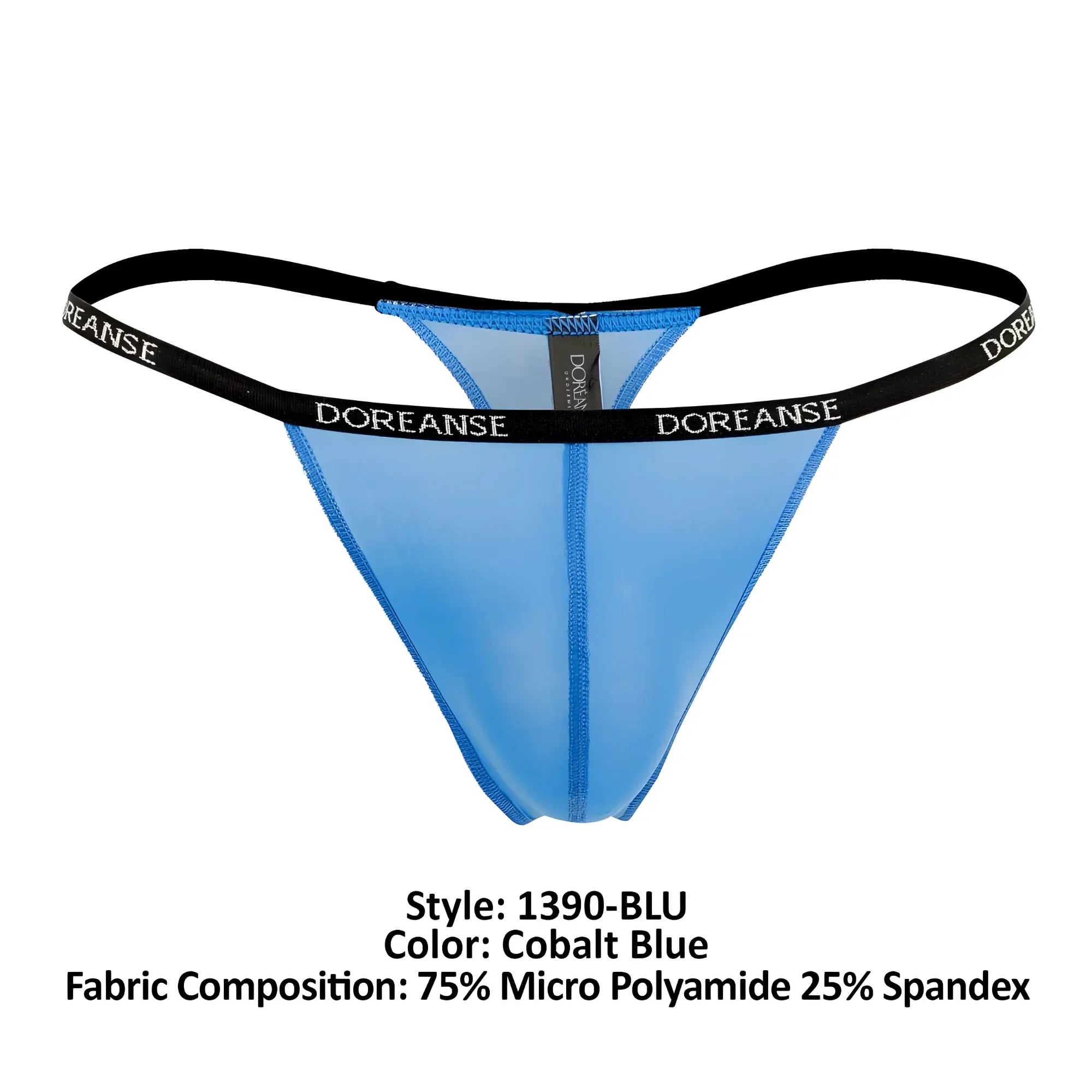 Cobalt blue doreanse 1390-BLU aire thong with black elastic waistband featuring white brand name lettering